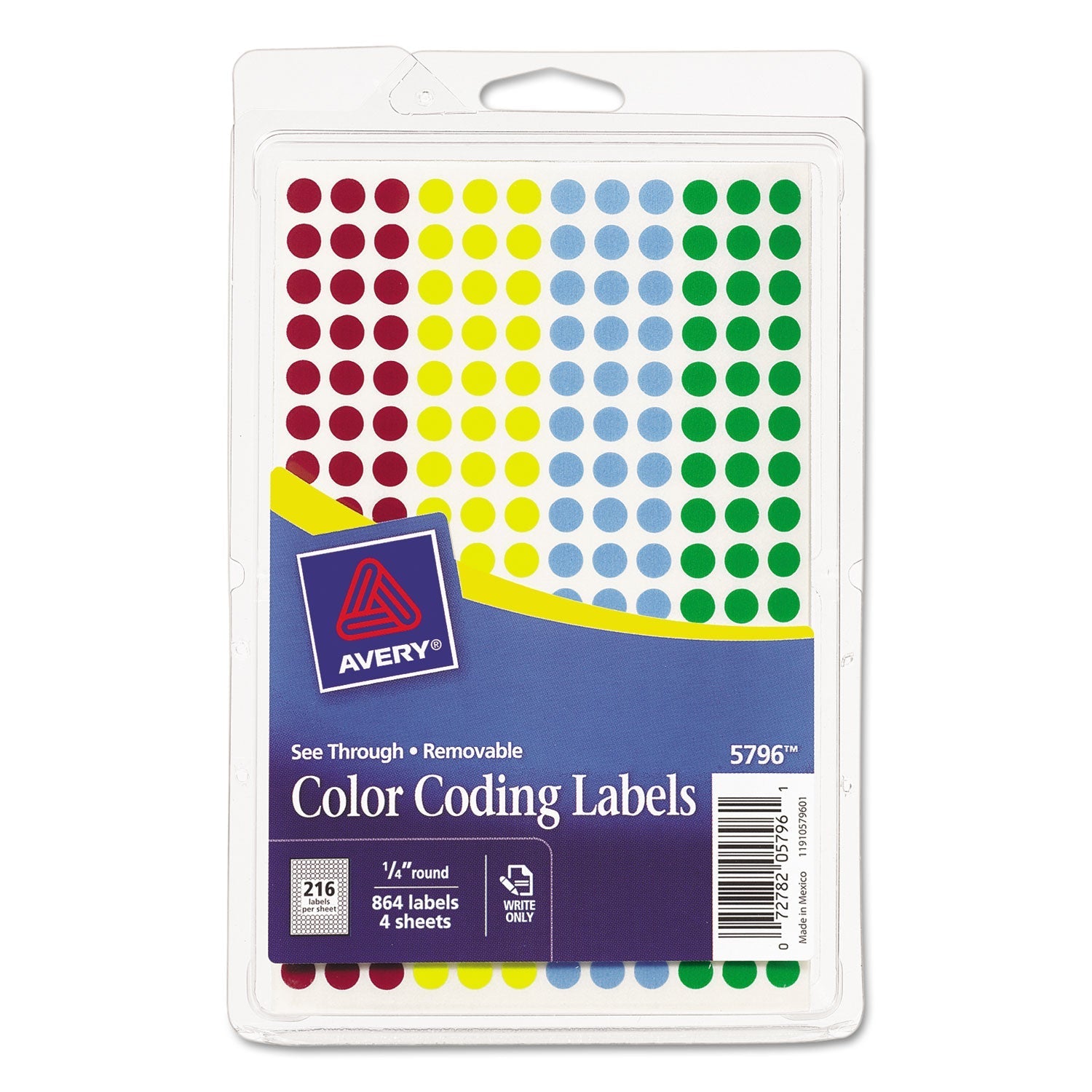 Avery Handwrite-Only Self-Adhesive "See Through" Removable Round Color Dots, 0.25" dia, Assorted, 216/Sheet, 4 Sheets/Pack, (5796)