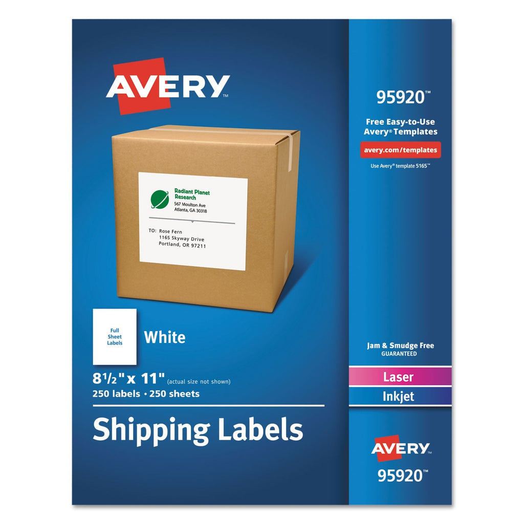 Avery White Shipping Labels-Bulk Packs, Inkjet/Laser Printers, 8.5 x 11, White, 250/Box
