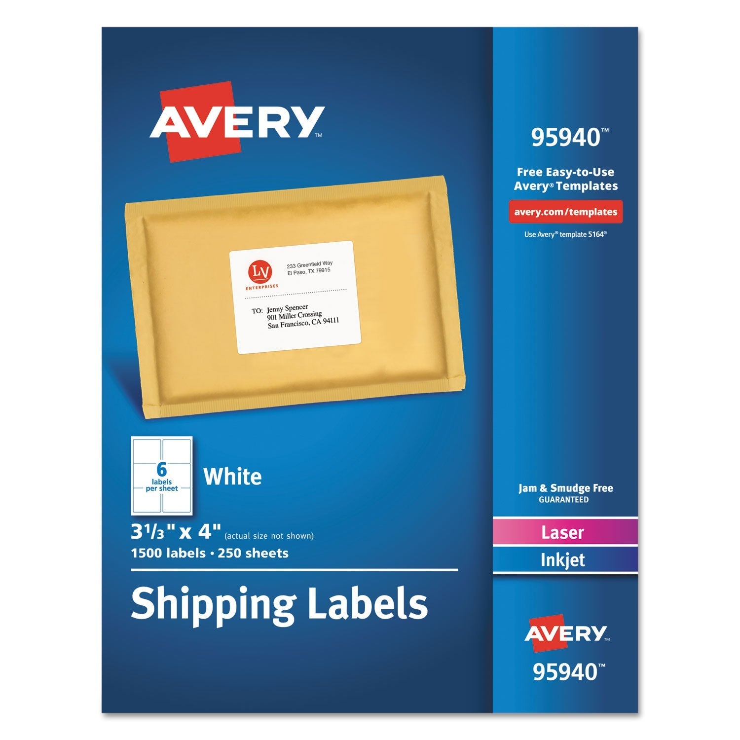 Avery White Shipping Labels-Bulk Packs, Inkjet/Laser Printers, 3.33 x 4, White, 6/Sheet, 250 Sheets/Box
