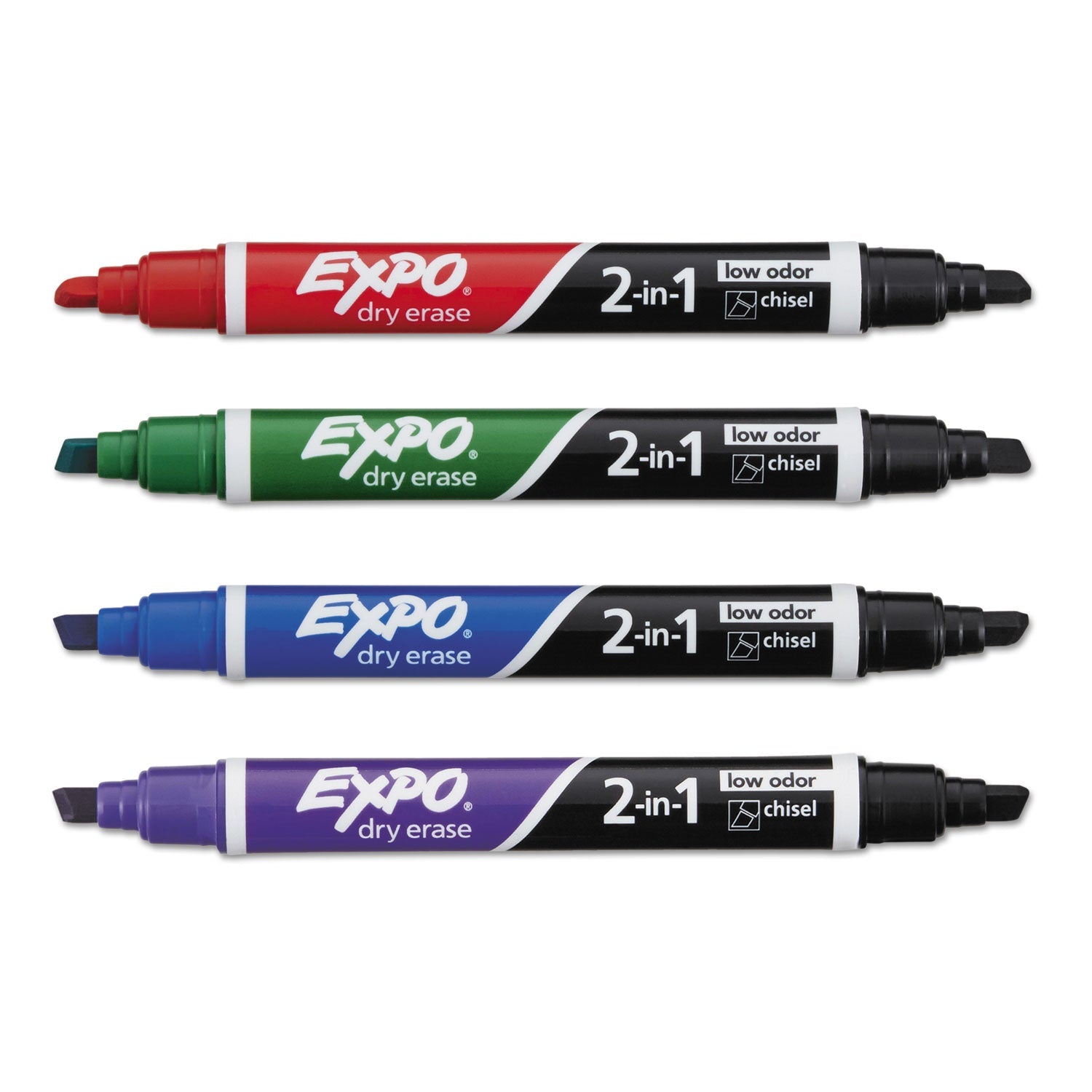 EXPO 2-in-1 Dry Erase Markers, Fine/Broad Chisel Tips, Assorted Primary Colors, 4/Pack