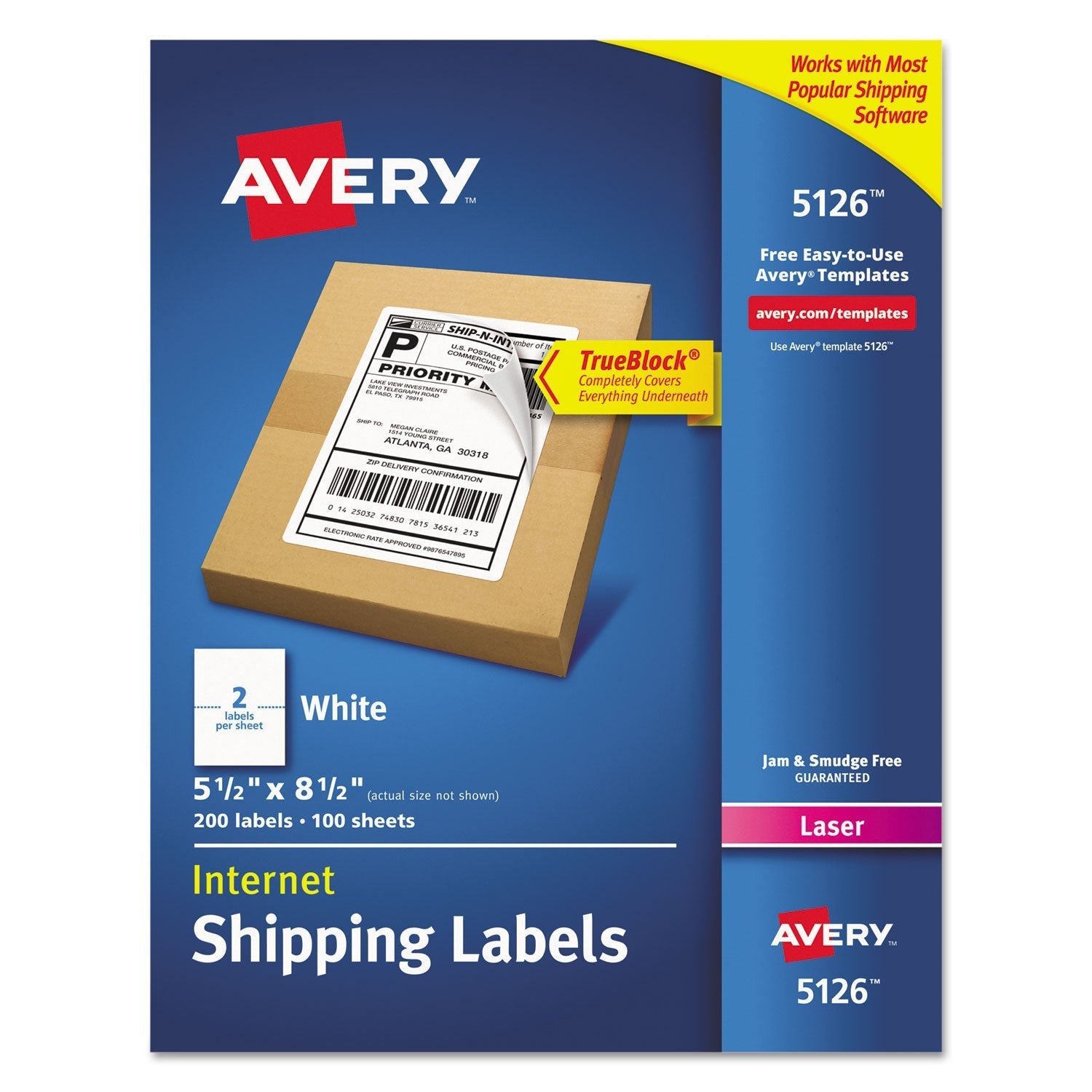 Avery Shipping Labels w/ TrueBlock Technology, Laser Printers, 5.5 x 8.5, White, 2/Sheet, 100 Sheets/Box