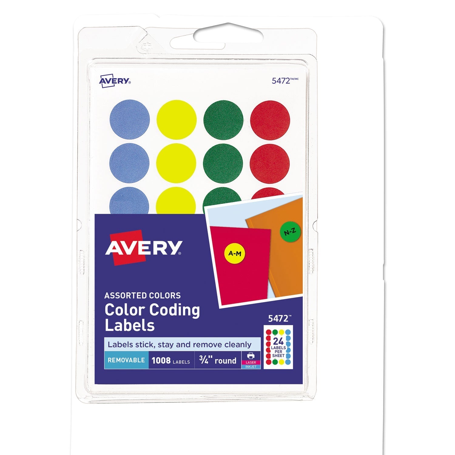 Avery Printable Self-Adhesive Removable Color-Coding Labels, 0.75" dia, Assorted Colors, 24/Sheet, 42 Sheets/Pack, (5472)