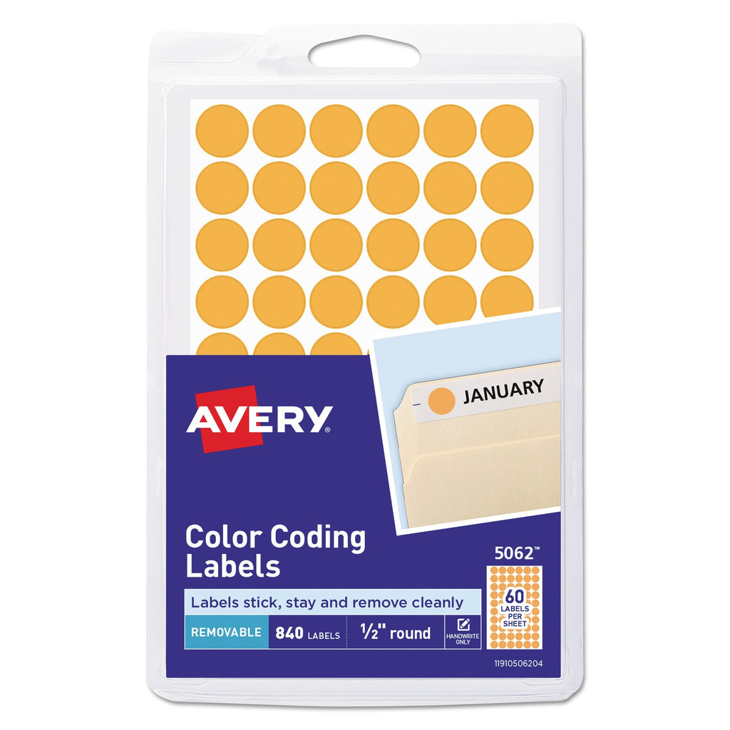 Avery Handwrite Only Self-Adhesive Removable Round Color-Coding Labels, 0.5" dia, Neon Orange, 60/Sheet, 14 Sheets/Pack, (5062)