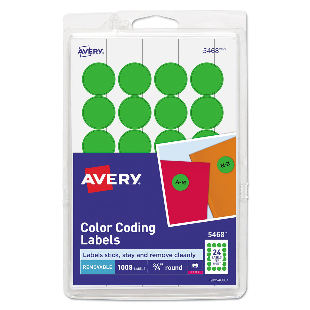 Avery Printable Self-Adhesive Removable Color-Coding Labels, 0.75" dia, Green, 24/Sheet, 42 Sheets/Pack, (5463)