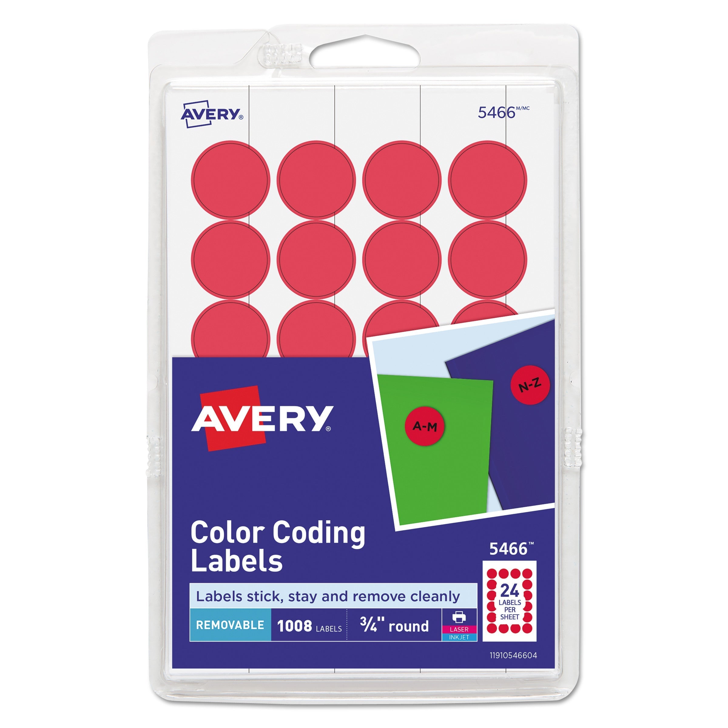 Avery Printable Self-Adhesive Removable Color-Coding Labels, 0.75" dia, Red, 24/Sheet, 42 Sheets/Pack, (5466)