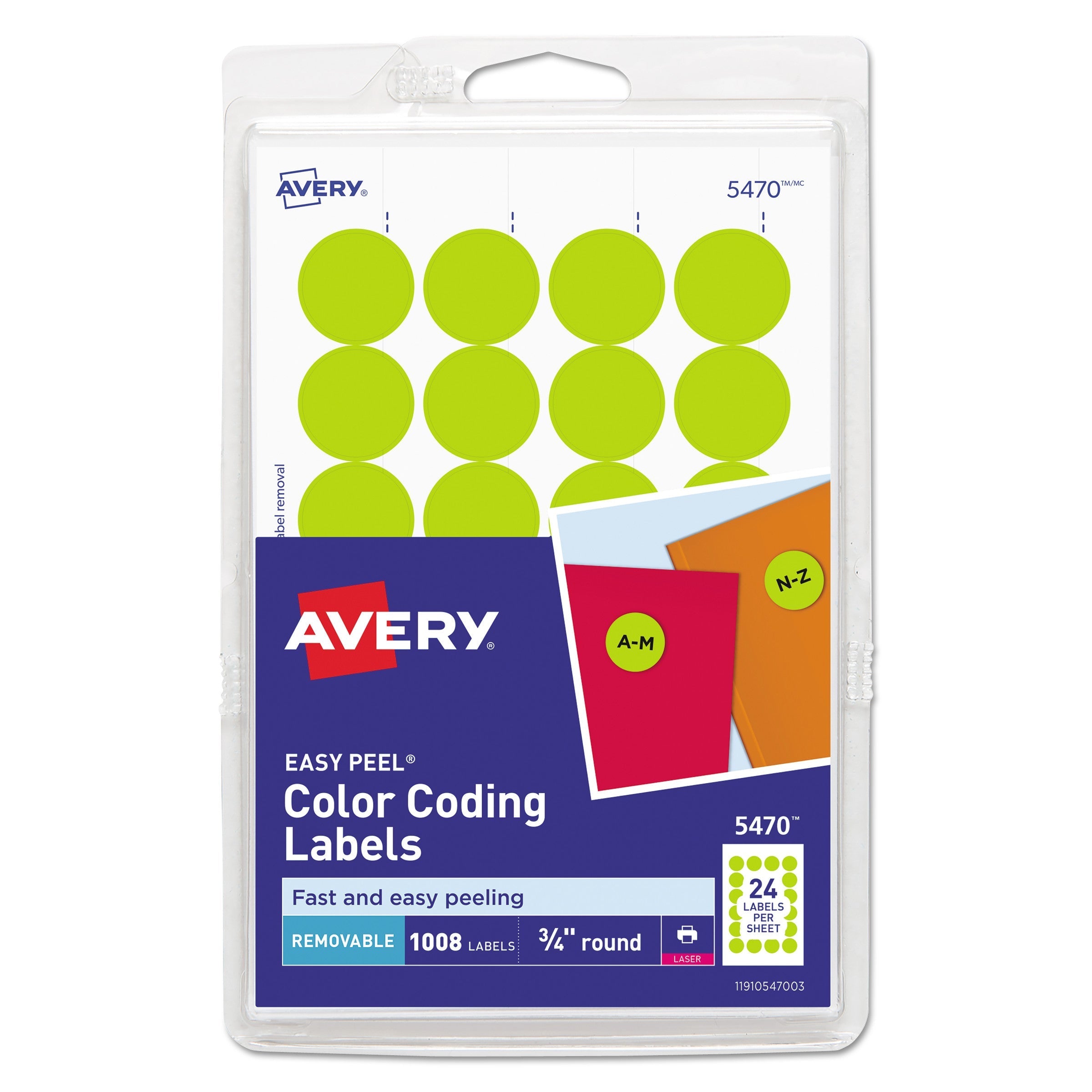 Avery Printable Self-Adhesive Removable Color-Coding Labels, 0.75" dia, Neon Yellow, 24/Sheet, 42 Sheets/Pack, (5470)