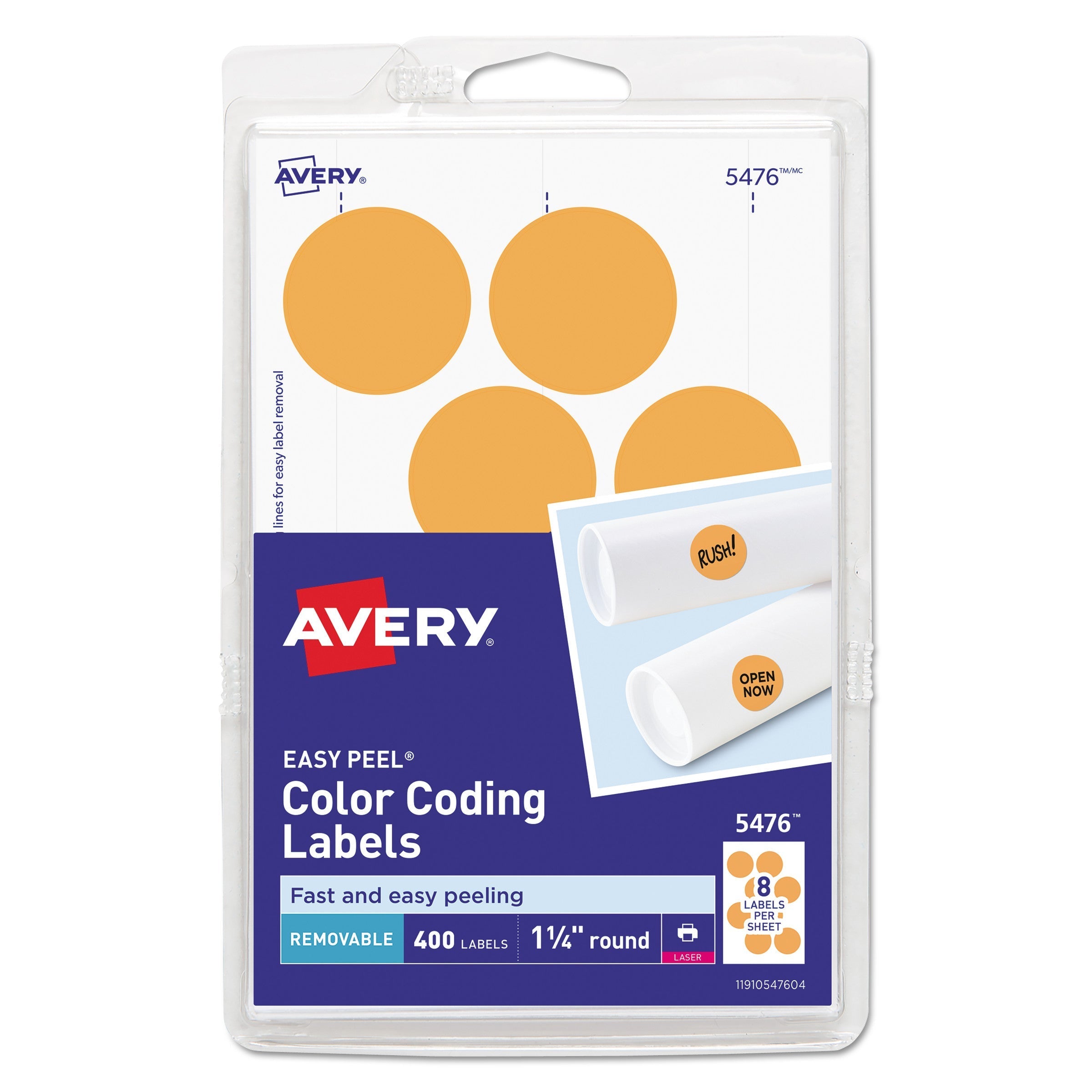 Avery Printable Self-Adhesive Removable Color-Coding Labels, 1.25" dia, Neon Orange, 8/Sheet, 50 Sheets/Pack, (5476)