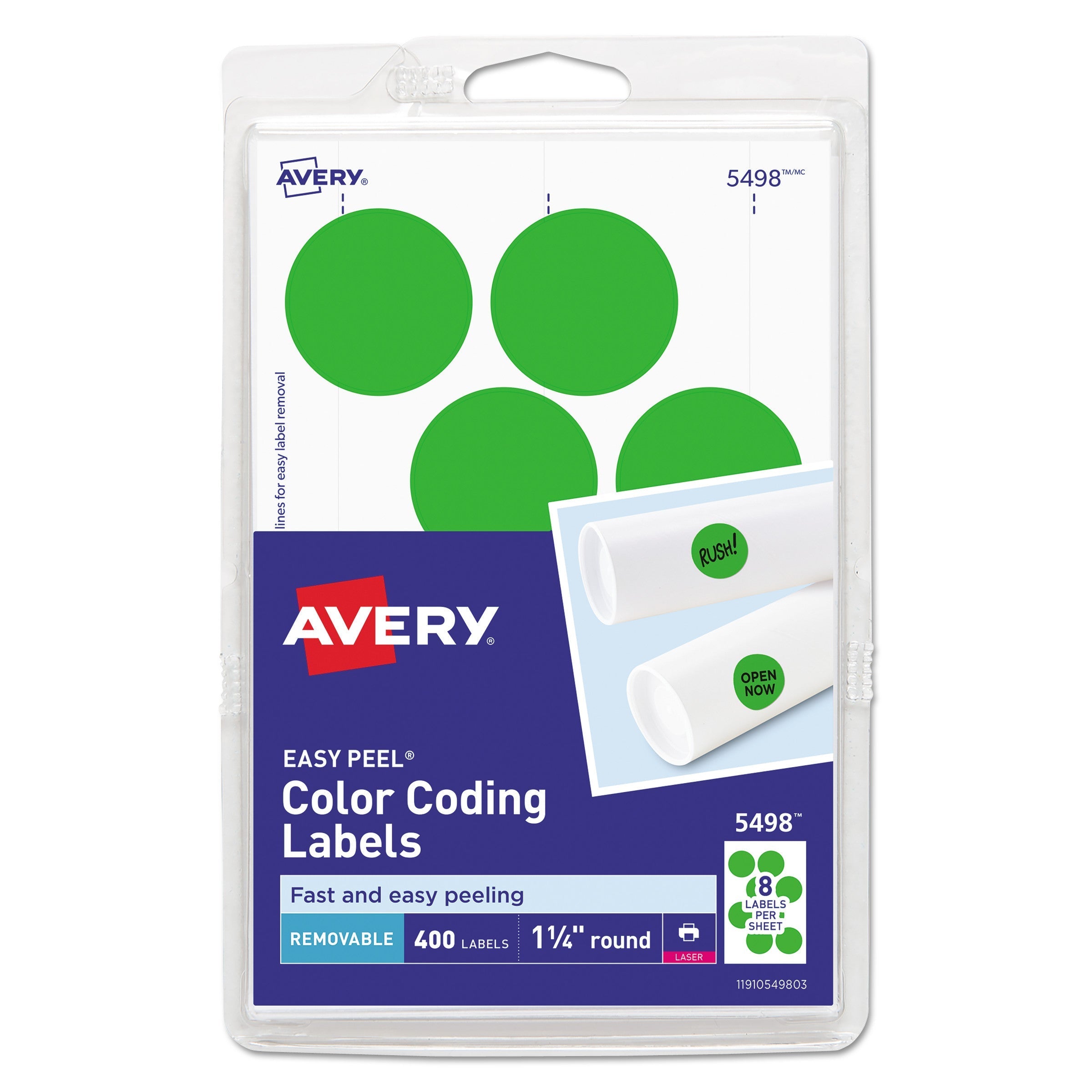 Avery Printable Self-Adhesive Removable Color-Coding Labels, 1.25" dia, Neon Green, 8/Sheet, 50 Sheets/Pack, (5498)