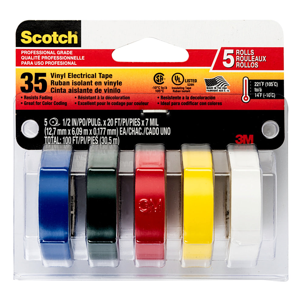 3M Scotch Professional Grade Quality Electrical Tape, 5 Tape Rolls, 0.5 in x 6.67 ft, 1" Core