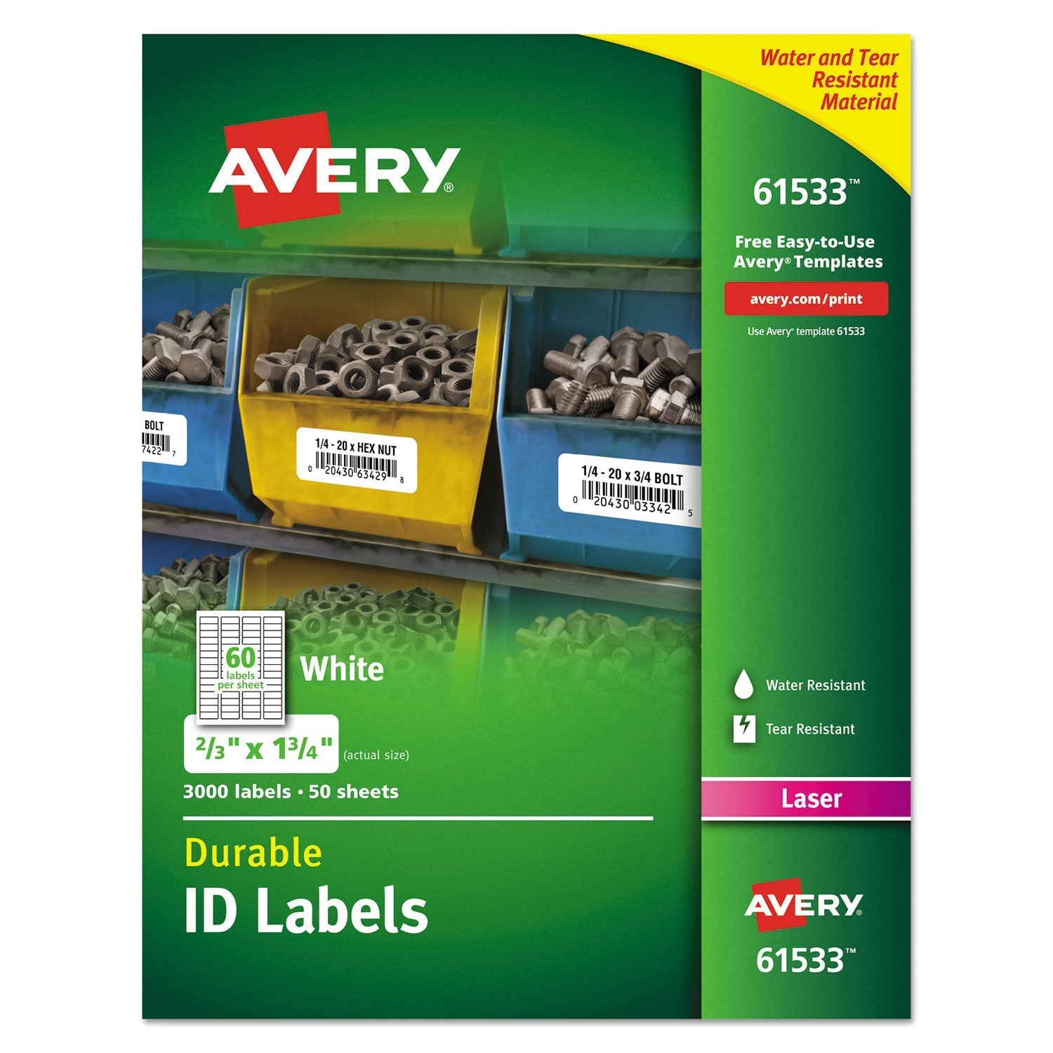 Avery Durable Permanent ID Labels with TrueBlock Technology, Laser Printers, 0.66 x 1.75, White, 60/Sheet, 50 Sheets/Pack