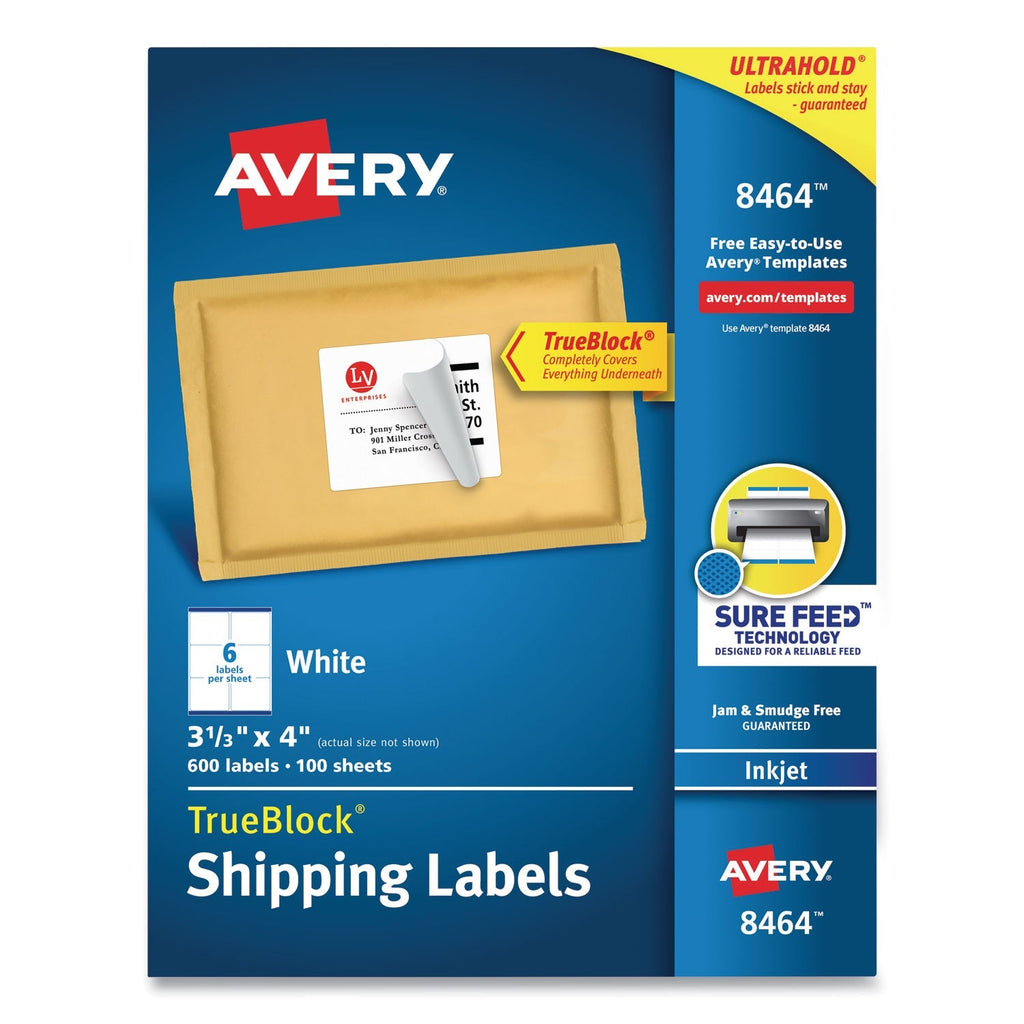Avery Shipping Labels w/ TrueBlock Technology, Inkjet Printers, 3.33 x 4, White, 6/Sheet, 100 Sheets/Box