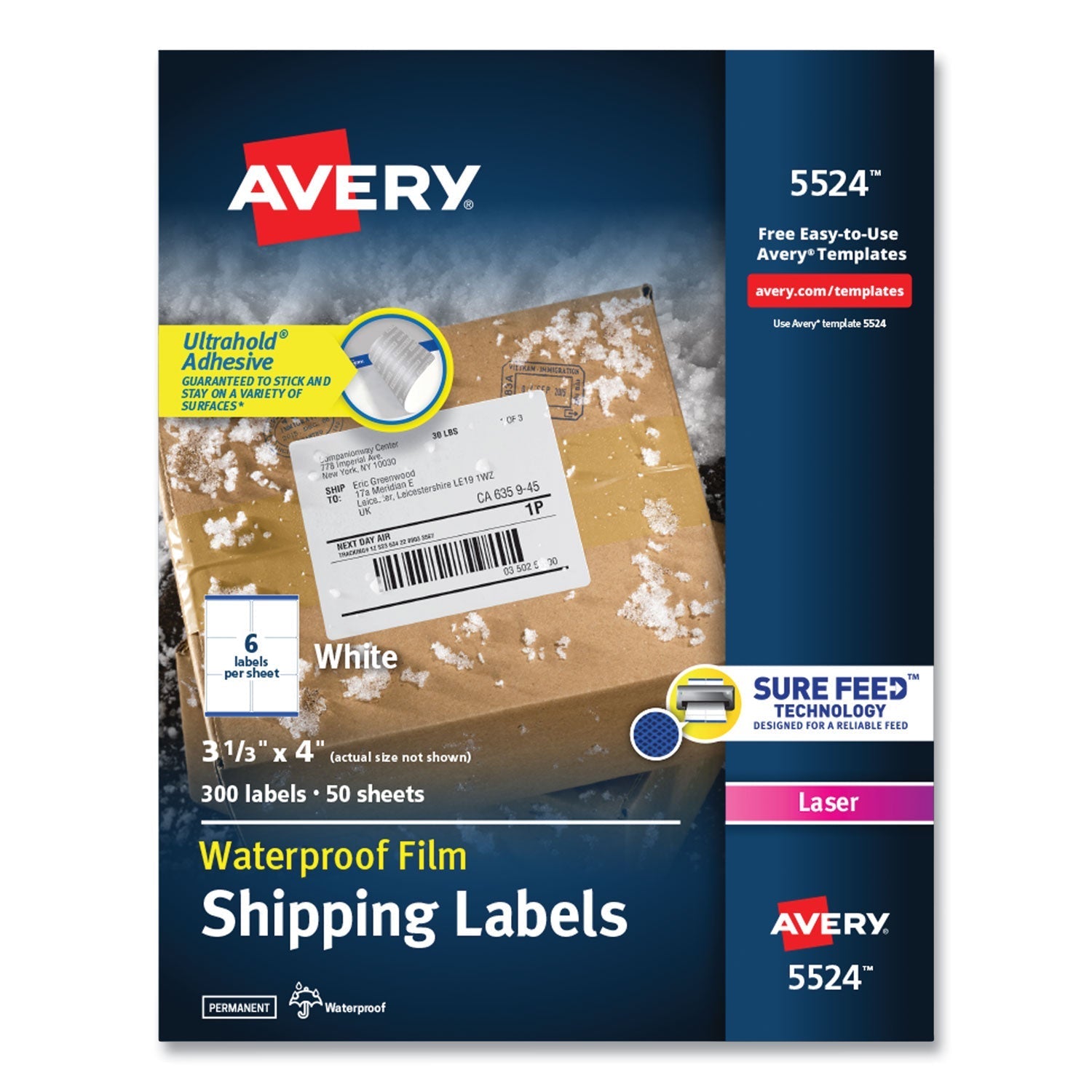 Avery Waterproof Shipping Labels with TrueBlock and Sure Feed, Laser Printers, 3.33 x 4, White, 6/Sheet, 50 Sheets/Pack