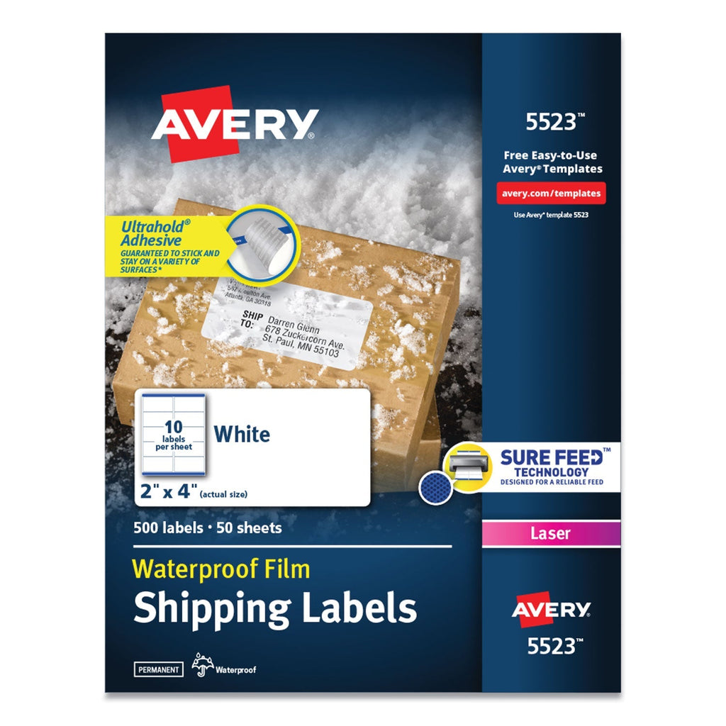 Avery Waterproof Shipping Labels with TrueBlock and Sure Feed, Laser Printers, 2 x 4, White, 10/Sheet, 50 Sheets/Pack