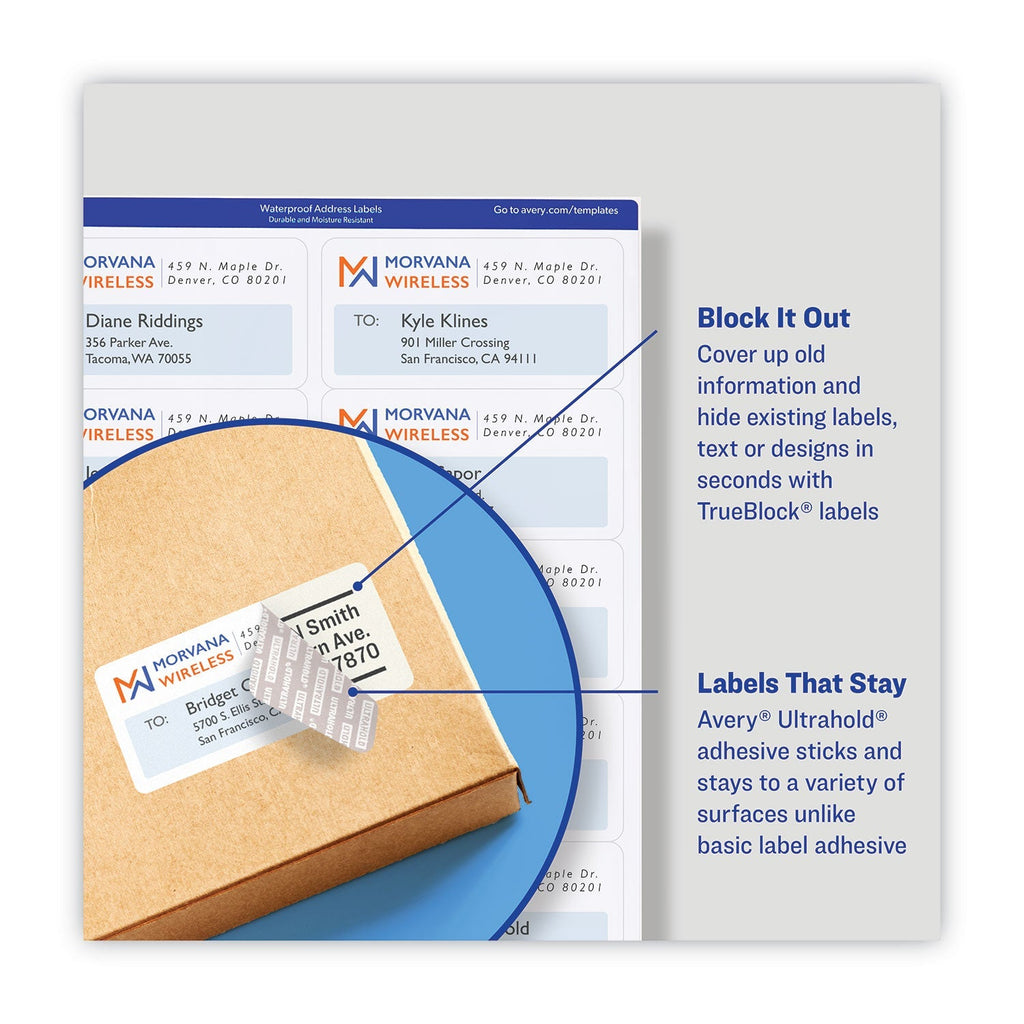 Avery Waterproof Shipping Labels with TrueBlock and Sure Feed, Laser Printers, 2 x 4, White, 10/Sheet, 50 Sheets/Pack