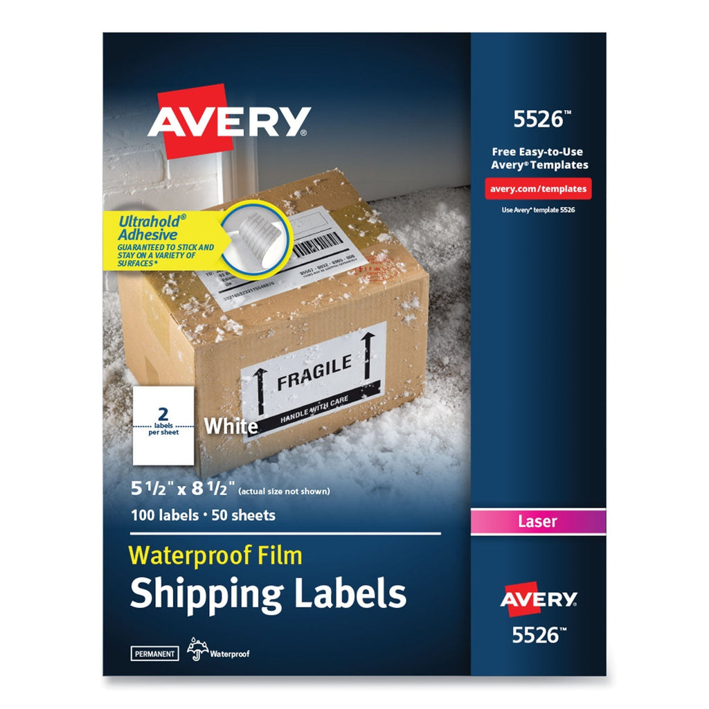 Avery Waterproof Shipping Labels with TrueBlock Technology, Laser Printers, 5.5 x 8.5, White, 2/Sheet, 50 Sheets/Pack