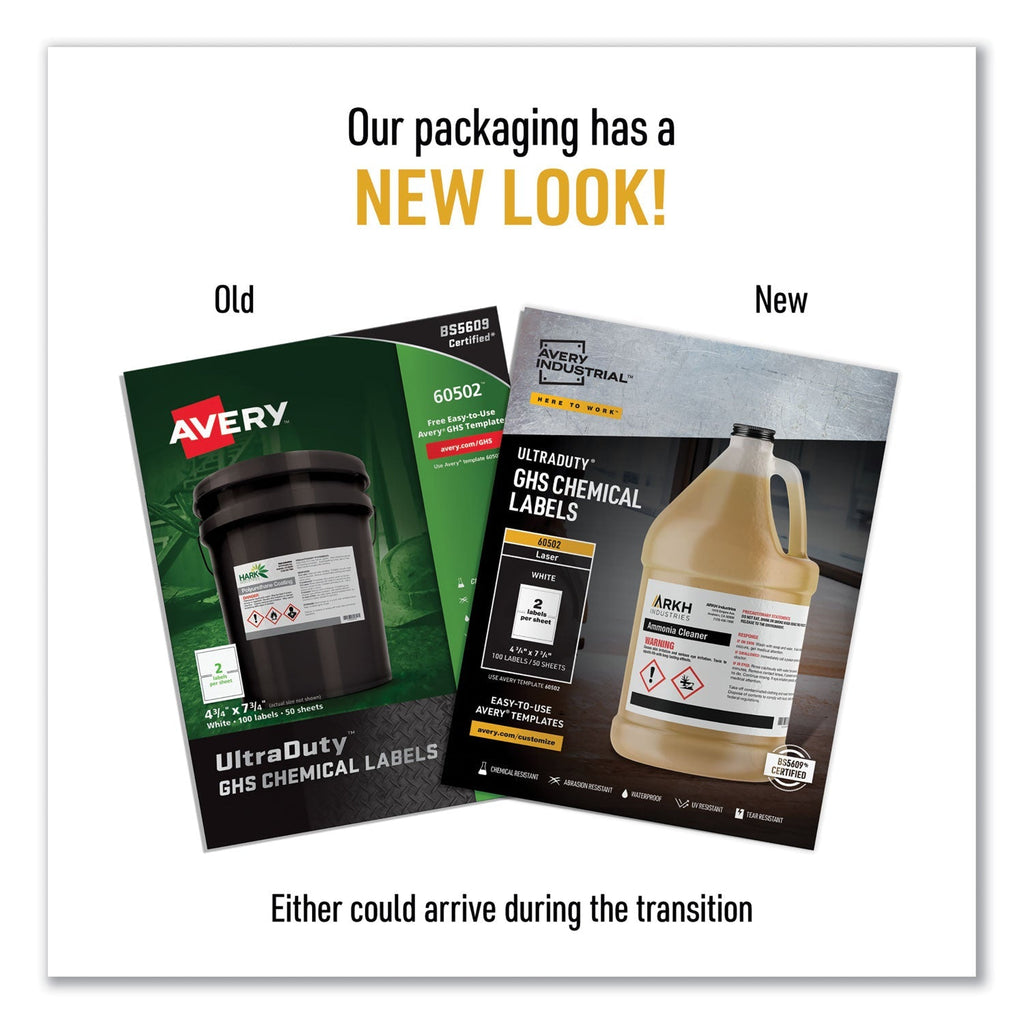 Avery UltraDuty GHS Chemical Waterproof and UV Resistant Labels, 4.75 x 7.75, White, 2/Sheet, 50 Sheets/Box