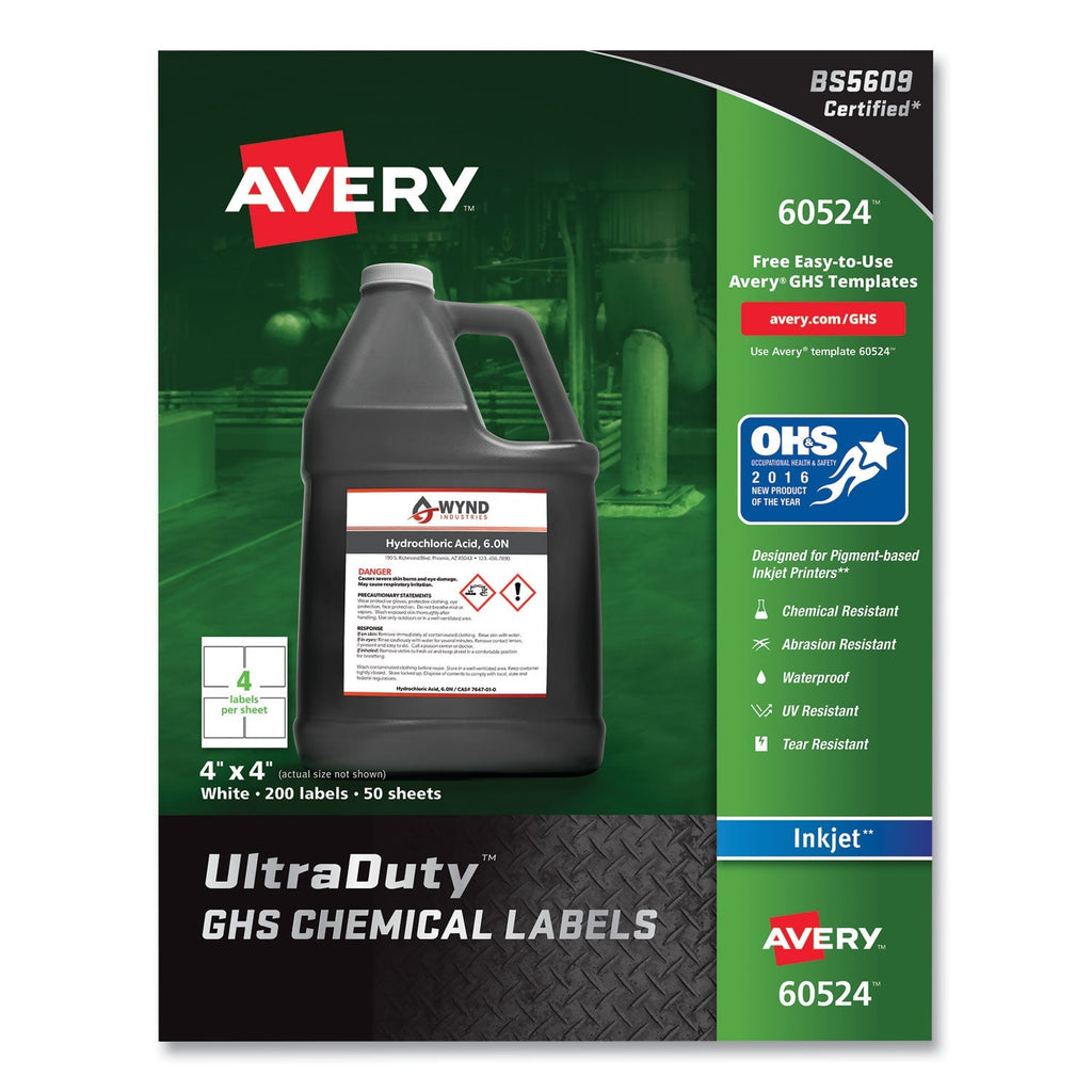 Avery UltraDuty GHS Chemical Waterproof and UV Resistant Labels, 4 x 4, White, 4/Sheet, 50 Sheets/Pack