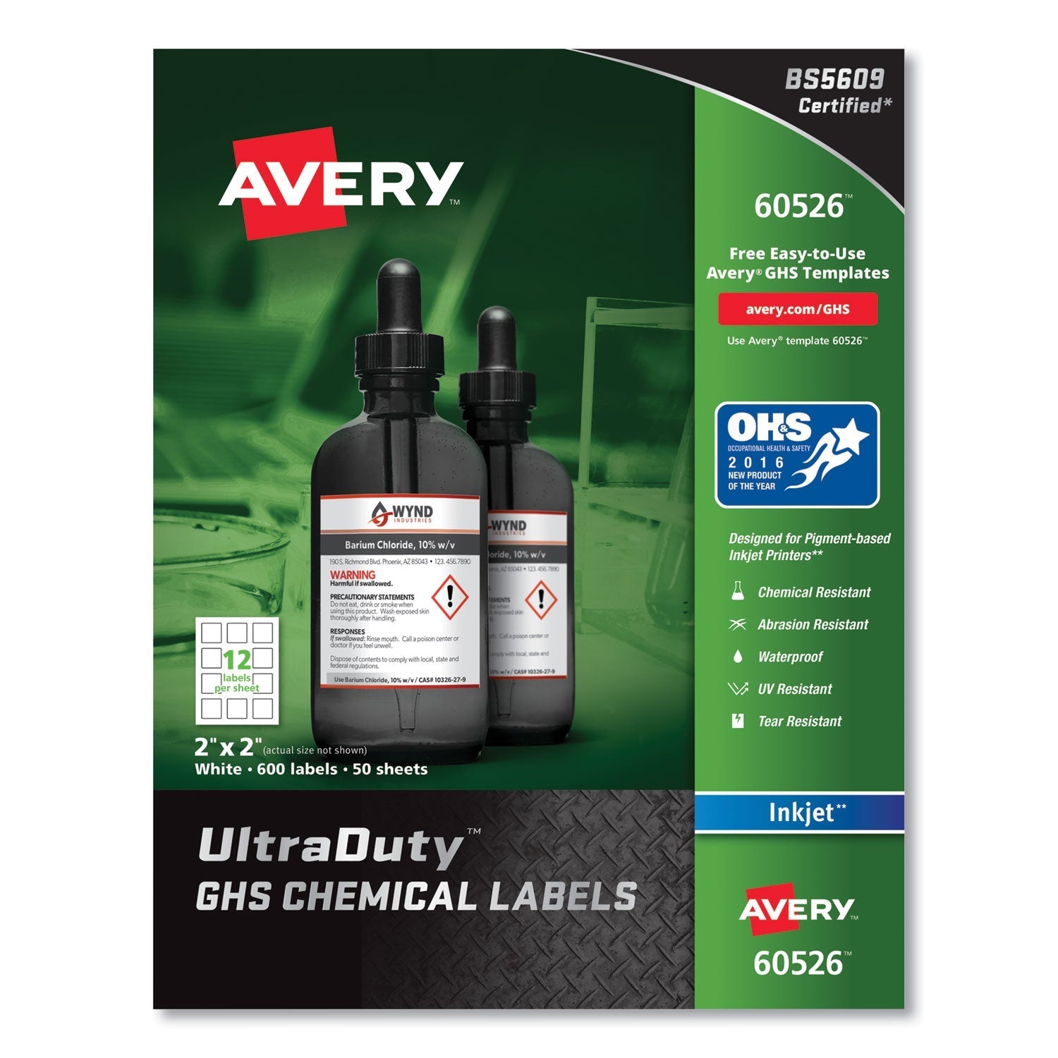 Avery UltraDuty GHS Chemical Waterproof and UV Resistant Labels, 2 x 2, White, 12/Sheet, 50 Sheets/Pack