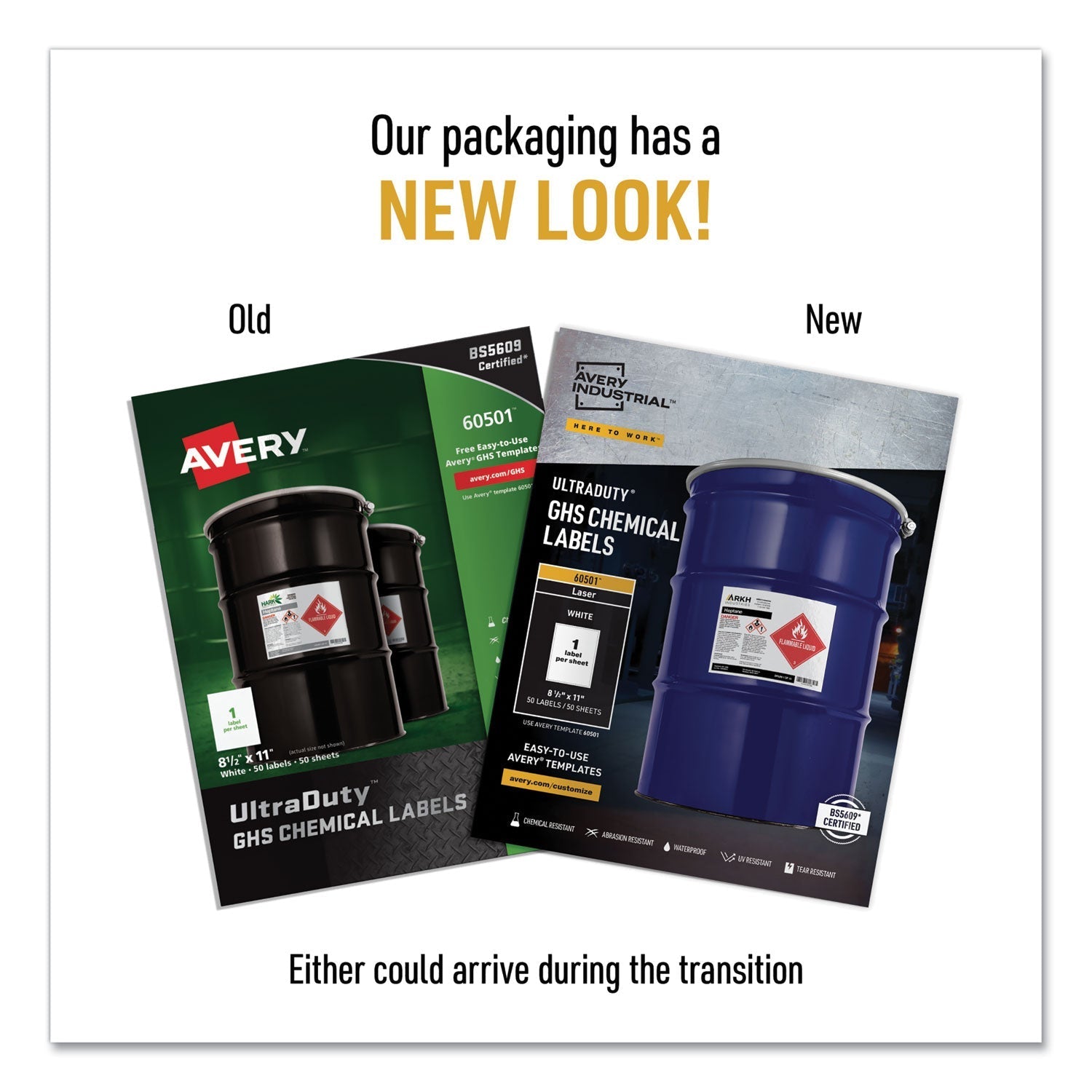 Avery UltraDuty GHS Chemical Waterproof and UV Resistant Labels, 8.5 x 11, White, 50/Box