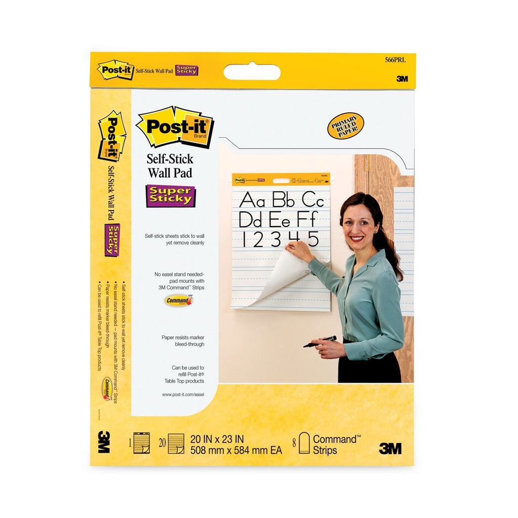 3M Post-it Self-Stick Wall Pad, Manuscript Format (Primary 3" Rule), 20 x 23, White, 20 Sheets, 2/Pack