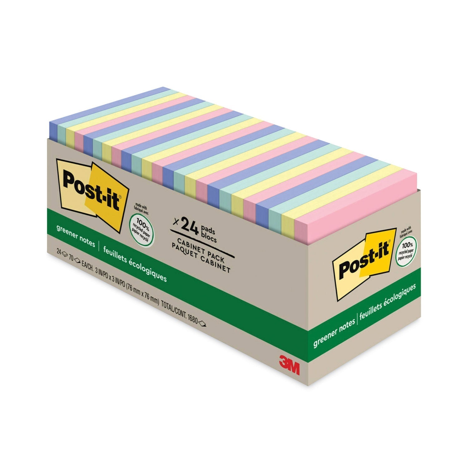 3M Post-it Original Recycled Note Pad Cabinet Pack, 3" x 3", Sweet Sprinkles Collection Colors, 75 Sheets/Pad, 24 Pads/Pack