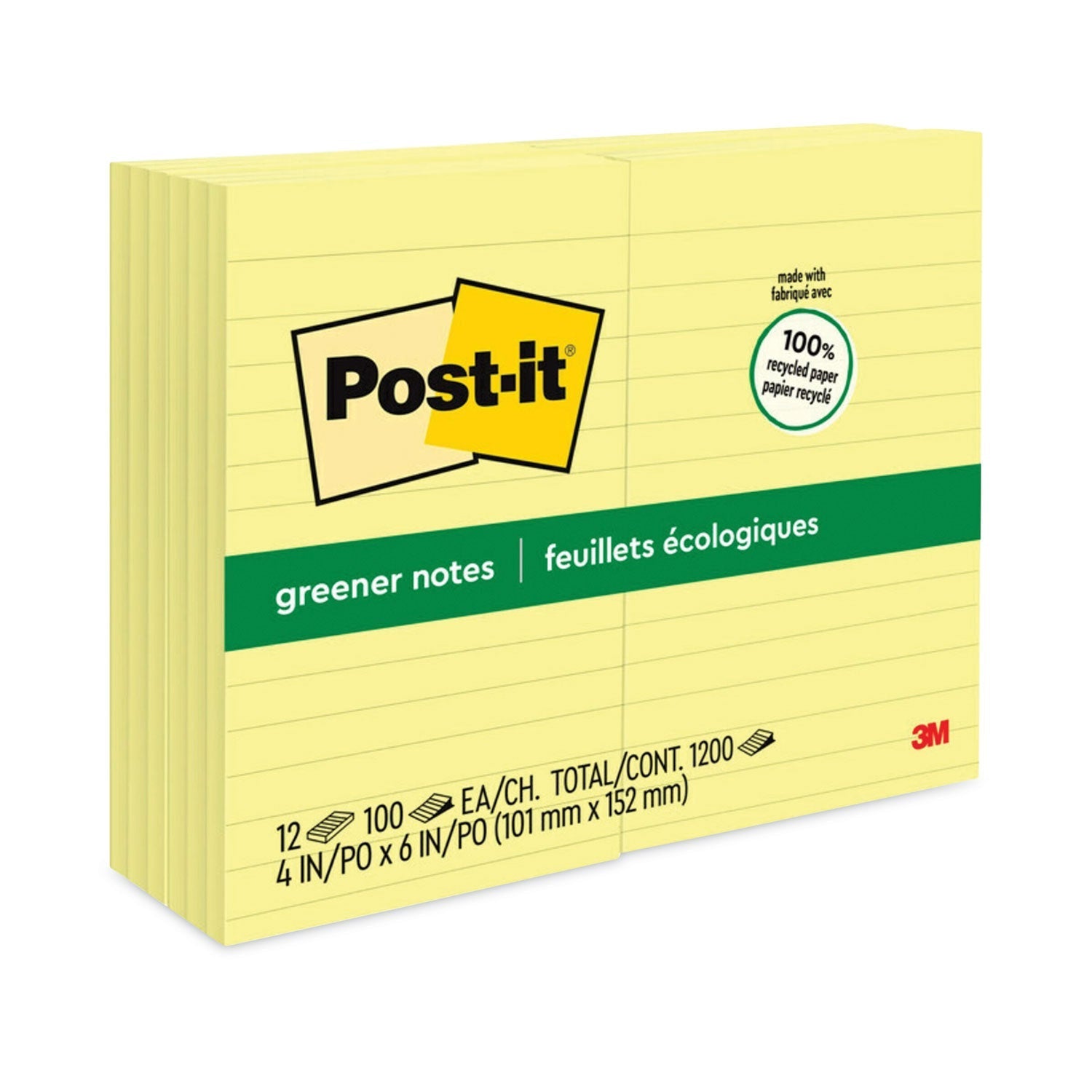 3M Post-it Original Recycled Note Pads, Note Ruled, 4" x 6", Canary Yellow, 100 Sheets/Pad, 12 Pads/Pack