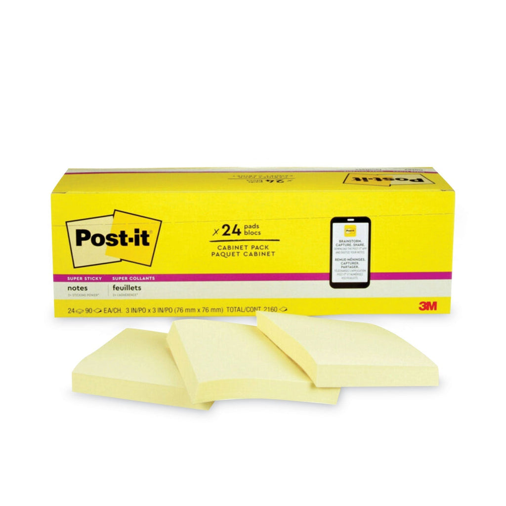 3M Post-it Pads in Canary Yellow, Cabinet Pack, 3" x 3", 90 Sheets/Pad, 24 Pads/Pack