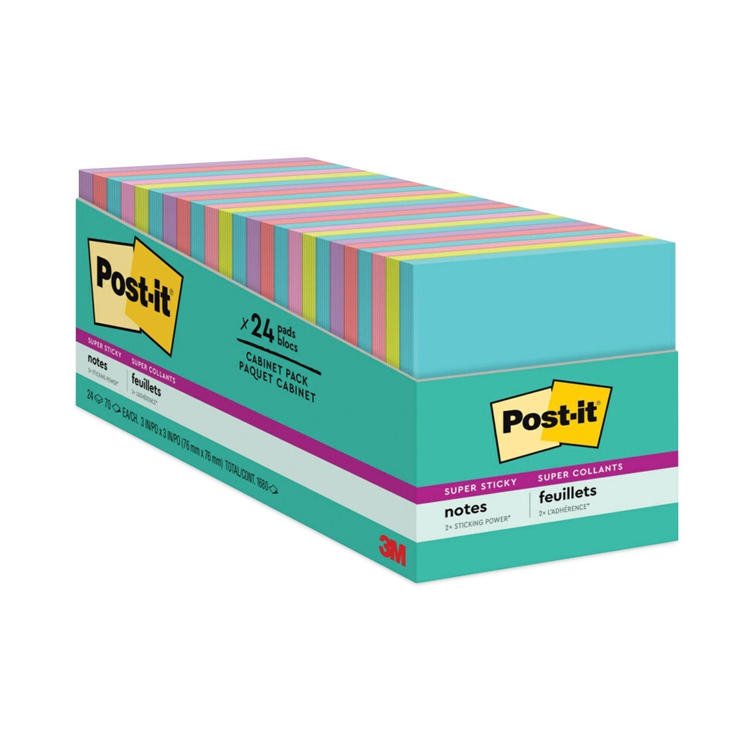 3M Post-it Pads in Supernova Neon Collection Colors, Cabinet Pack, 3" x 3", 70 Sheets/Pad, 24 Pads/Pack