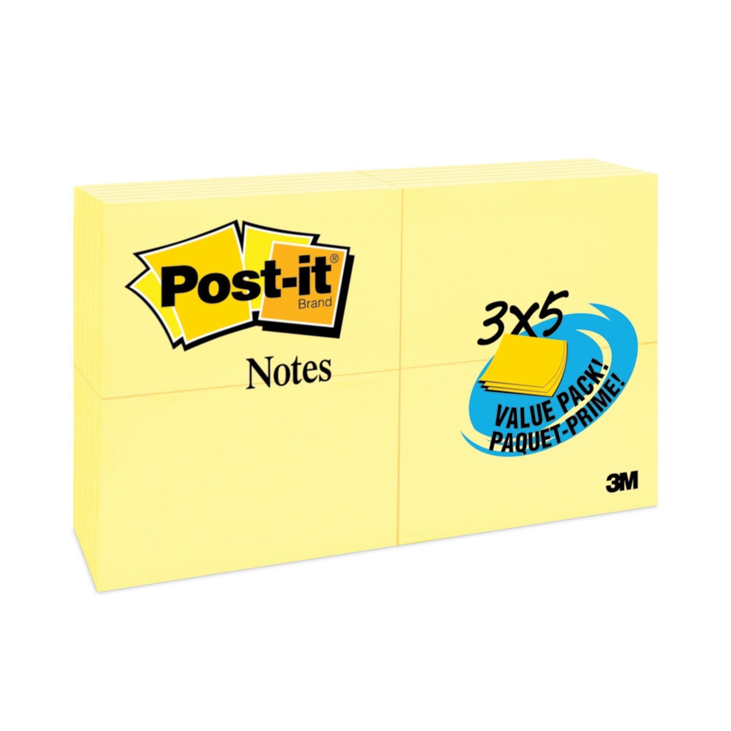 3M Post-it Original Pads in Canary Yellow, Value Pack, 3" x 5", 100 Sheets/Pad, 24 Pads/Pack