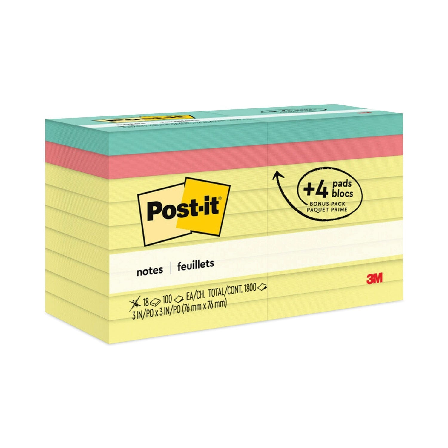 3M Post-it Original Pads Assorted Value Pack, 3 x 3, (14) Canary Yellow, (4) Poptimistic Collection Colors, 100 Sheets/Pad, 18 Pads/Pack