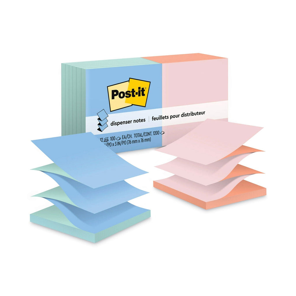 3M Post-it Original Pop-up Refill, Beachside Cafe Collection Alternating-Color Value Pack, 3" x 3", 100 Sheets/Pad, 12 Pads/Pack