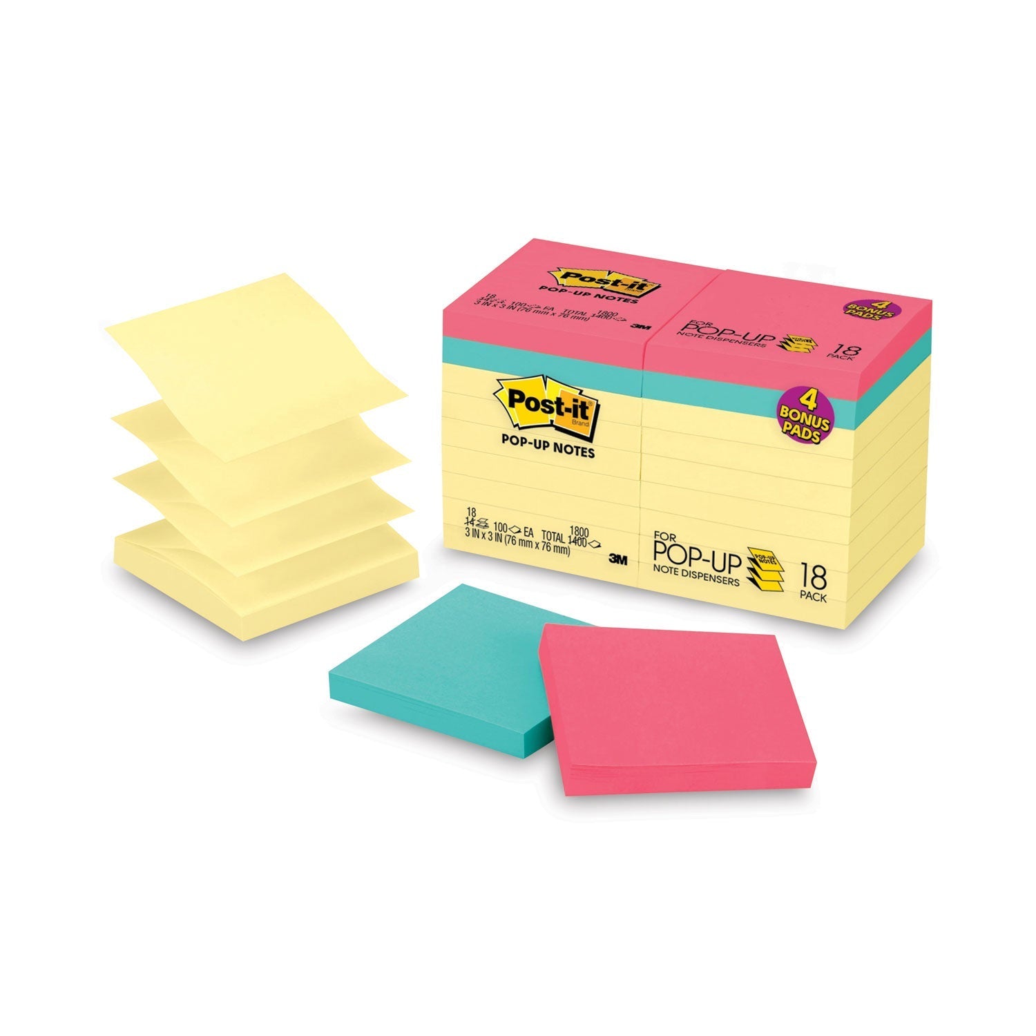 3M Post-it Original Pop-up Notes Value Pack, 3 x 3, (14) Canary Yellow, (4) Poptimistic Collection Colors, 100 Sheets/Pad, 18 Pads/Pack