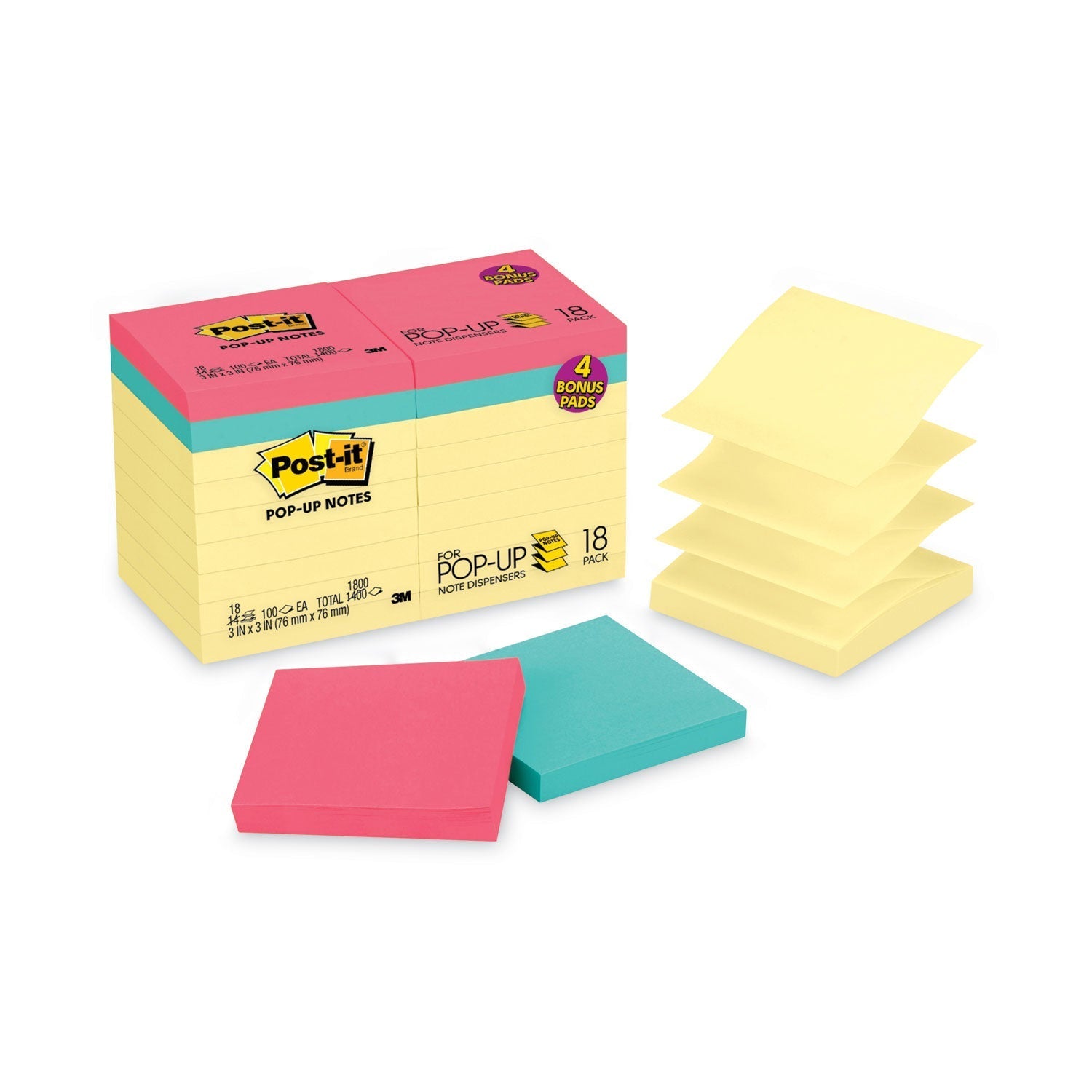 3M Post-it Original Pop-up Notes Value Pack, 3 x 3, (14) Canary Yellow, (4) Poptimistic Collection Colors, 100 Sheets/Pad, 18 Pads/Pack