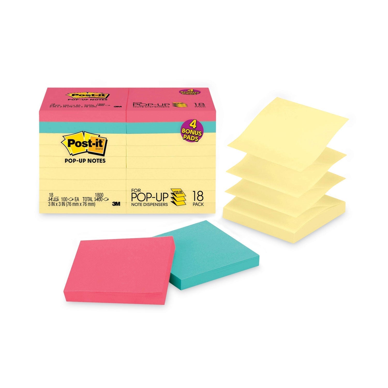 3M Post-it Original Pop-up Notes Value Pack, 3 x 3, (14) Canary Yellow, (4) Poptimistic Collection Colors, 100 Sheets/Pad, 18 Pads/Pack