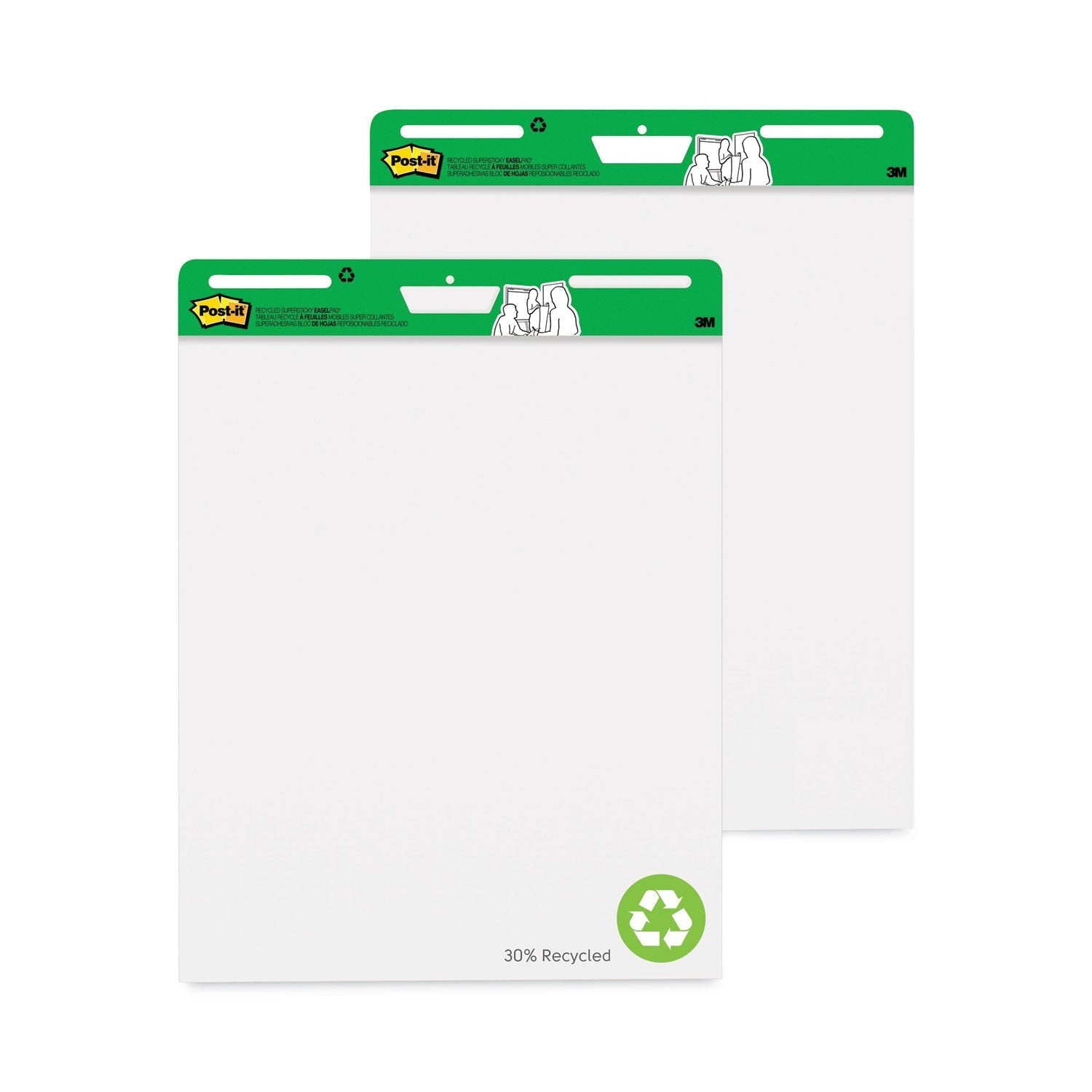 3M Post-it Vertical-Orientation Self-Stick Easel Pads, Green Headband, Unruled, 25 x 30, White, 30 Sheets, 2/Carton