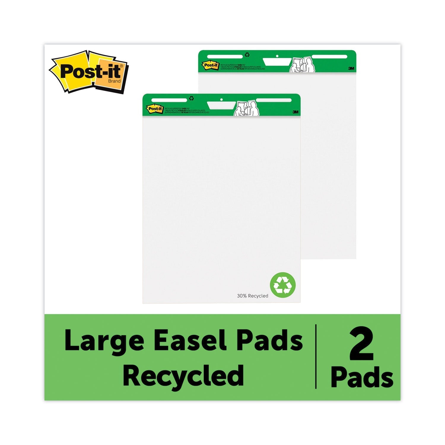 3M Post-it Vertical-Orientation Self-Stick Easel Pads, Green Headband, Unruled, 25 x 30, White, 30 Sheets, 2/Carton