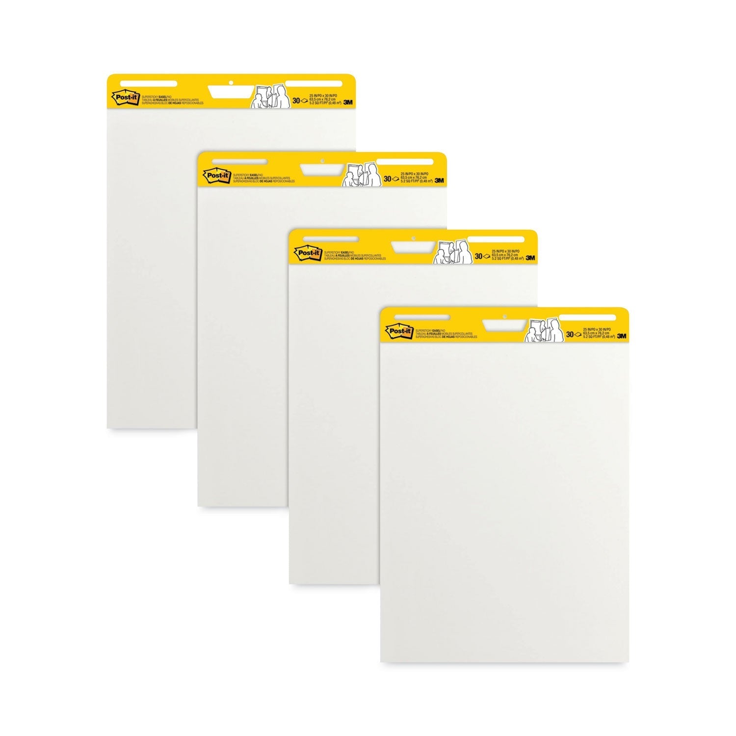 3M Post-it Vertical-Orientation Self-Stick Easel Pad Value Pack, Unruled, 25 x 30, White, 30 Sheets, 4/Carton
