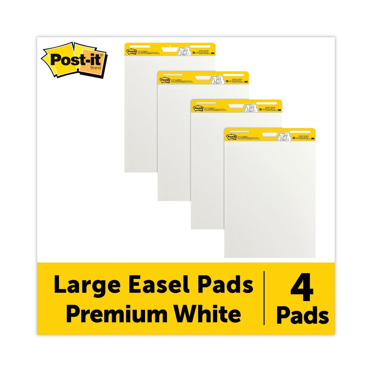 3M Post-it Vertical-Orientation Self-Stick Easel Pad Value Pack, Unruled, 25 x 30, White, 30 Sheets, 4/Carton