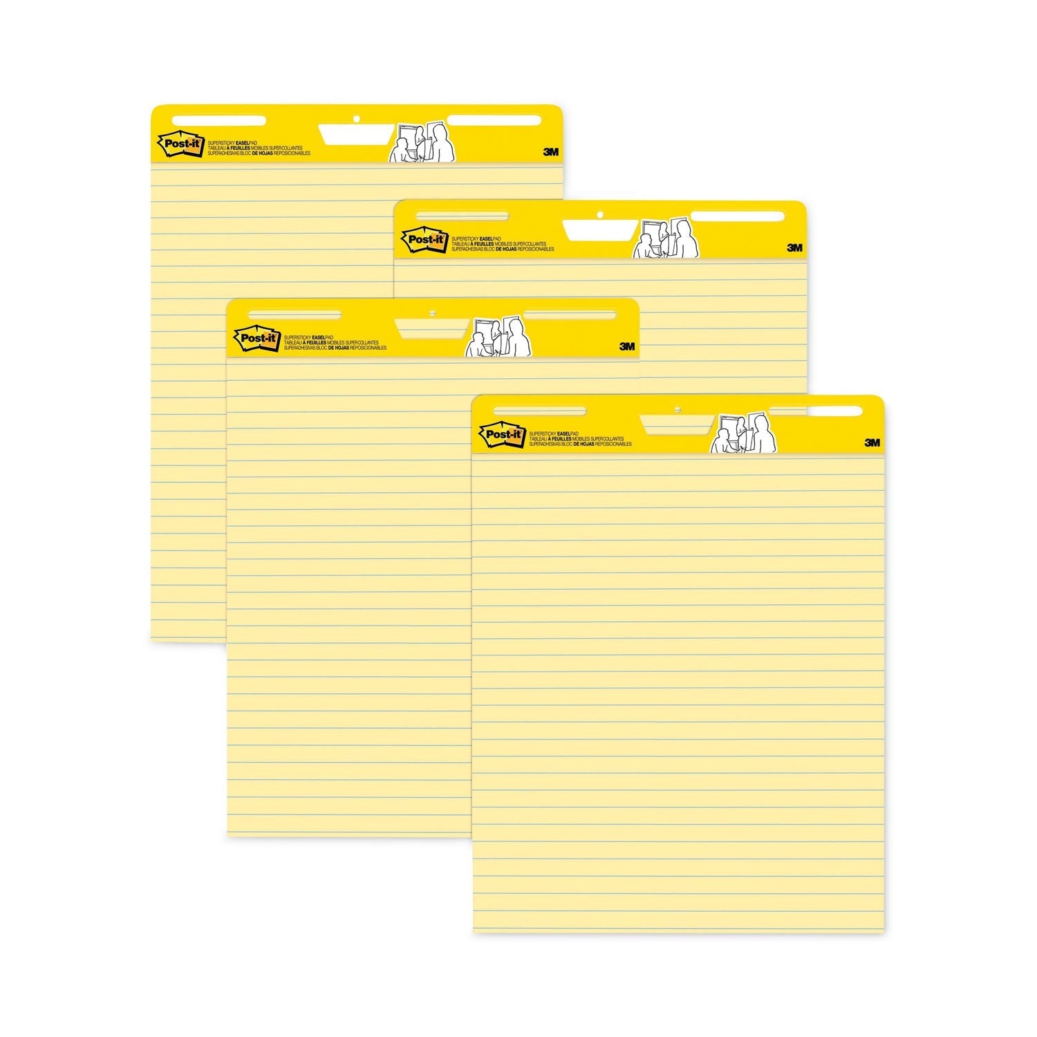 3M Post-it Vertical-Orientation Self-Stick Easel Pad Value Pack, Presentation Format (1.5" Rule), 25 x 30, Yellow, 30 Sheets, 4/Carton