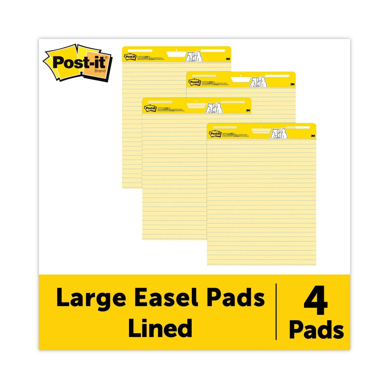 3M Post-it Vertical-Orientation Self-Stick Easel Pad Value Pack, Presentation Format (1.5" Rule), 25 x 30, Yellow, 30 Sheets, 4/Carton