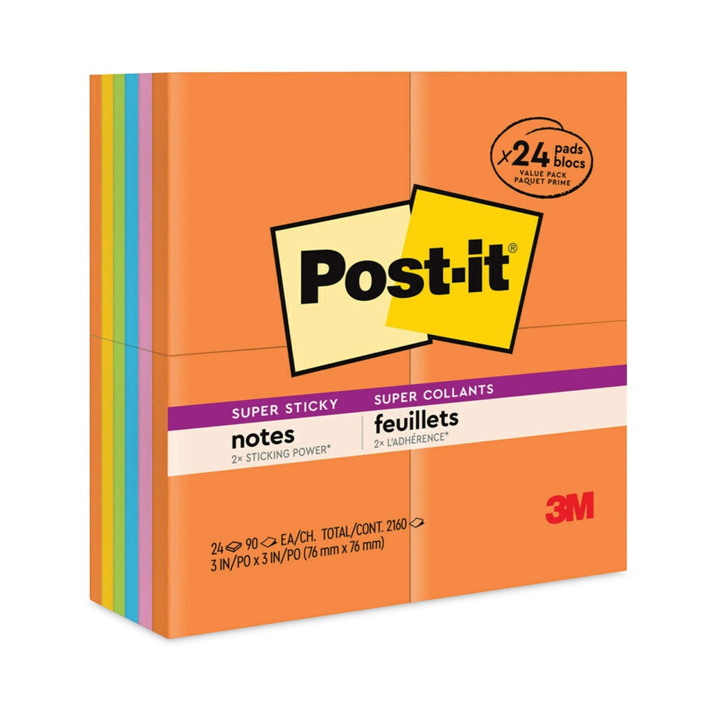 3M Post-it Pads in Energy Boost Collection Colors, 3" x 3", 90 Sheets/Pad, 24 Pads/Pack