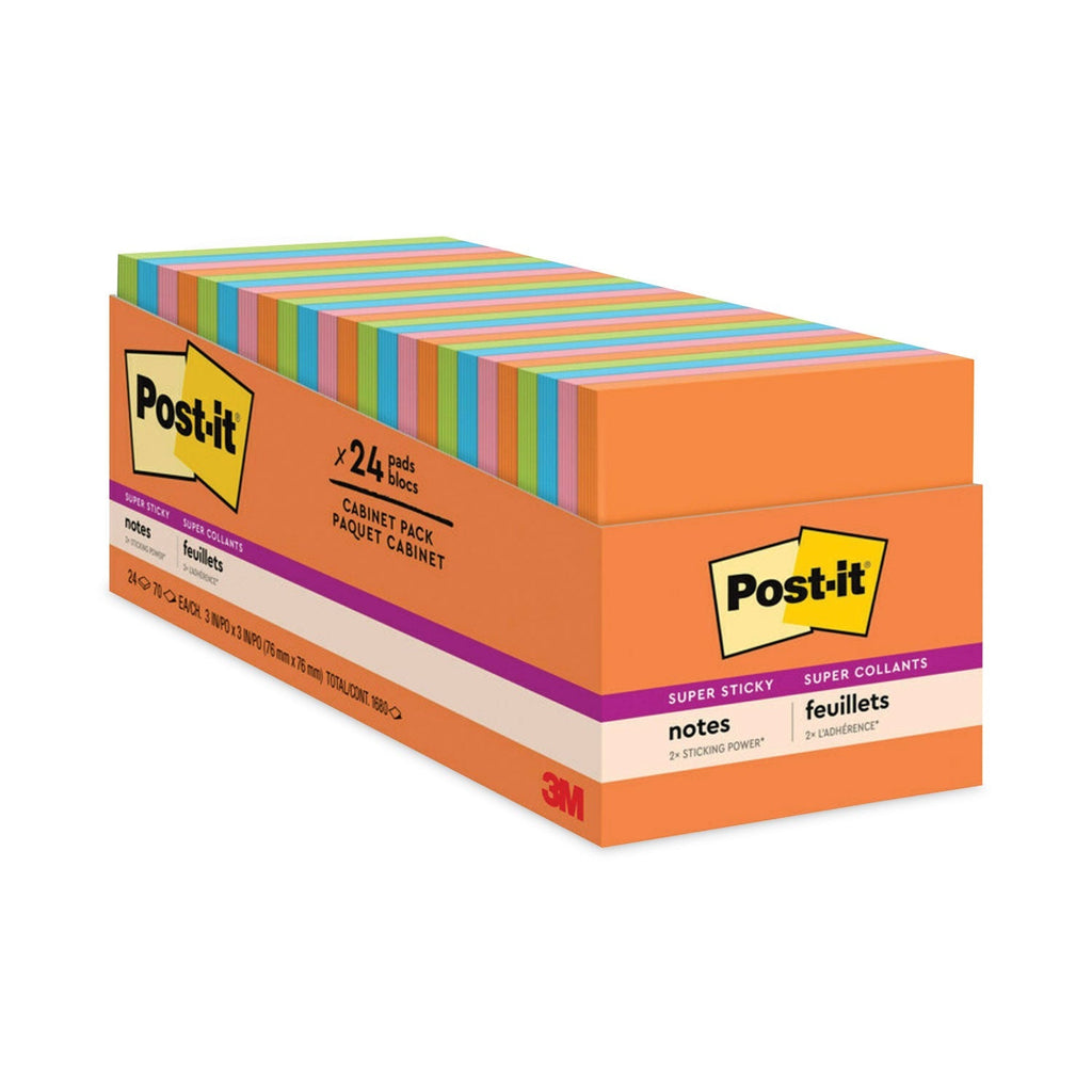 3M Post-it Pads in Energy Boost Collection Colors, Cabinet Pack, 3" x 3", 70 Sheets/Pad, 24 Pads/Pack