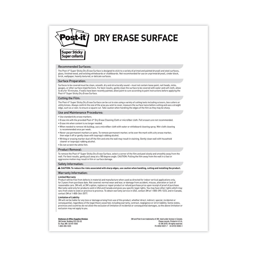 3M Post-it Dry Erase Surface, 50 ft x 4 ft, White