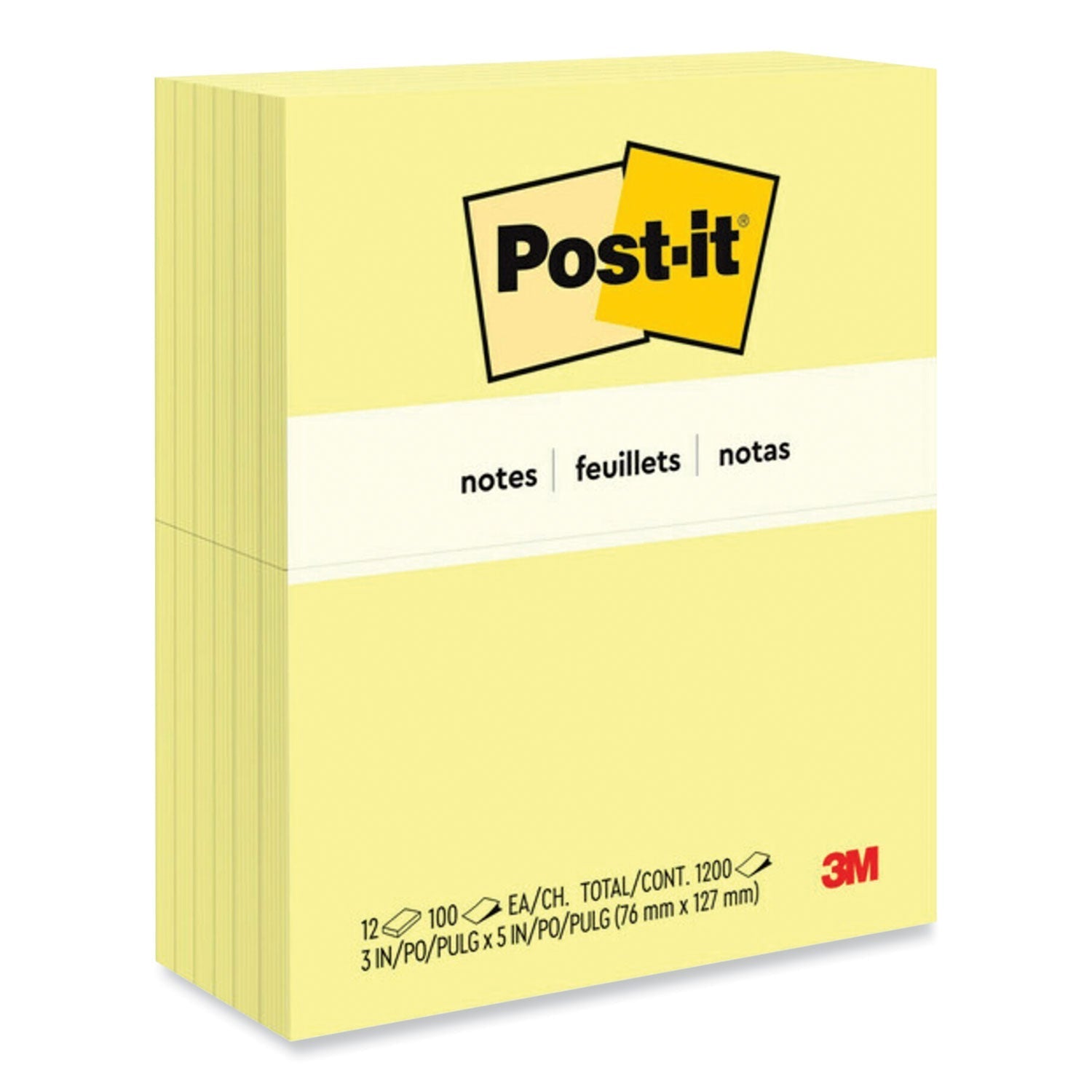 3M Post-it Original Pads in Canary Yellow, 3" x 5", 100 Sheets/Pad, 12 Pads/Pack