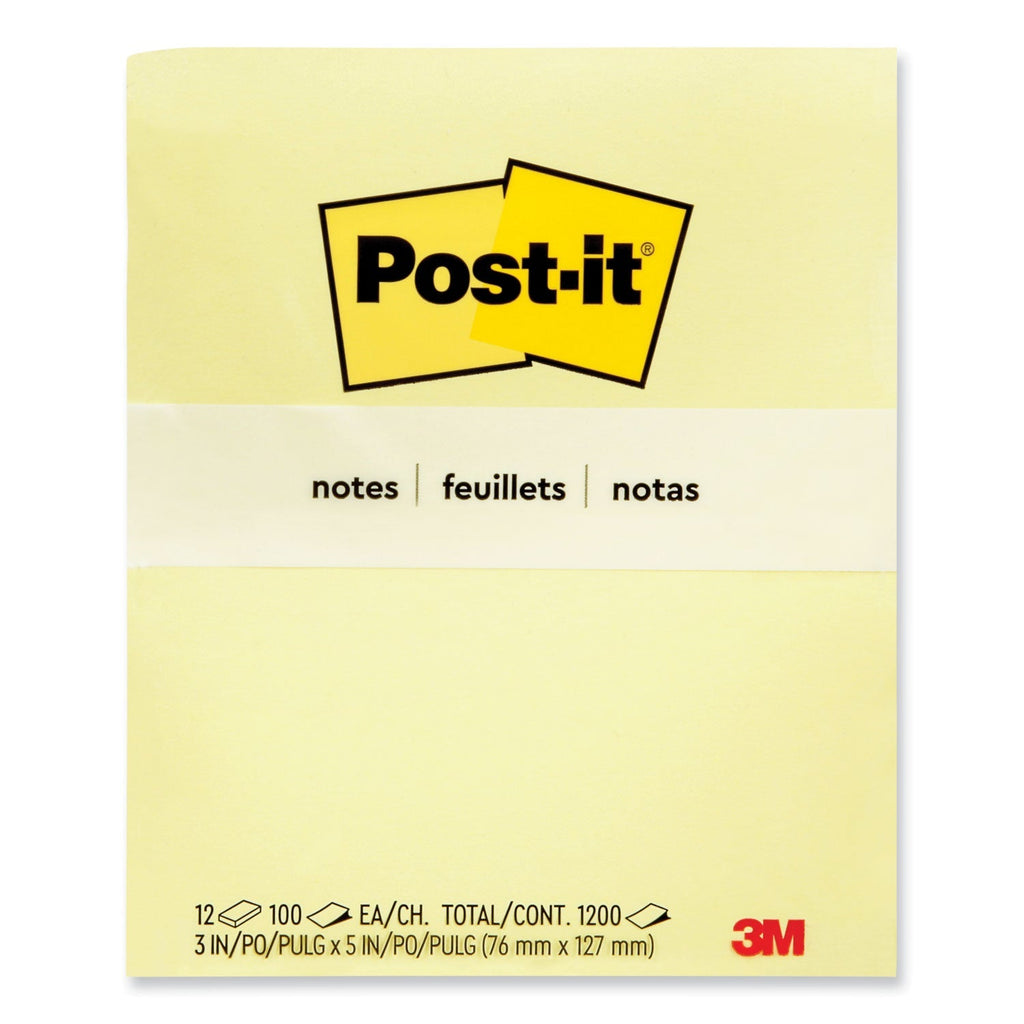 3M Post-it Original Pads in Canary Yellow, 3" x 5", 100 Sheets/Pad, 12 Pads/Pack