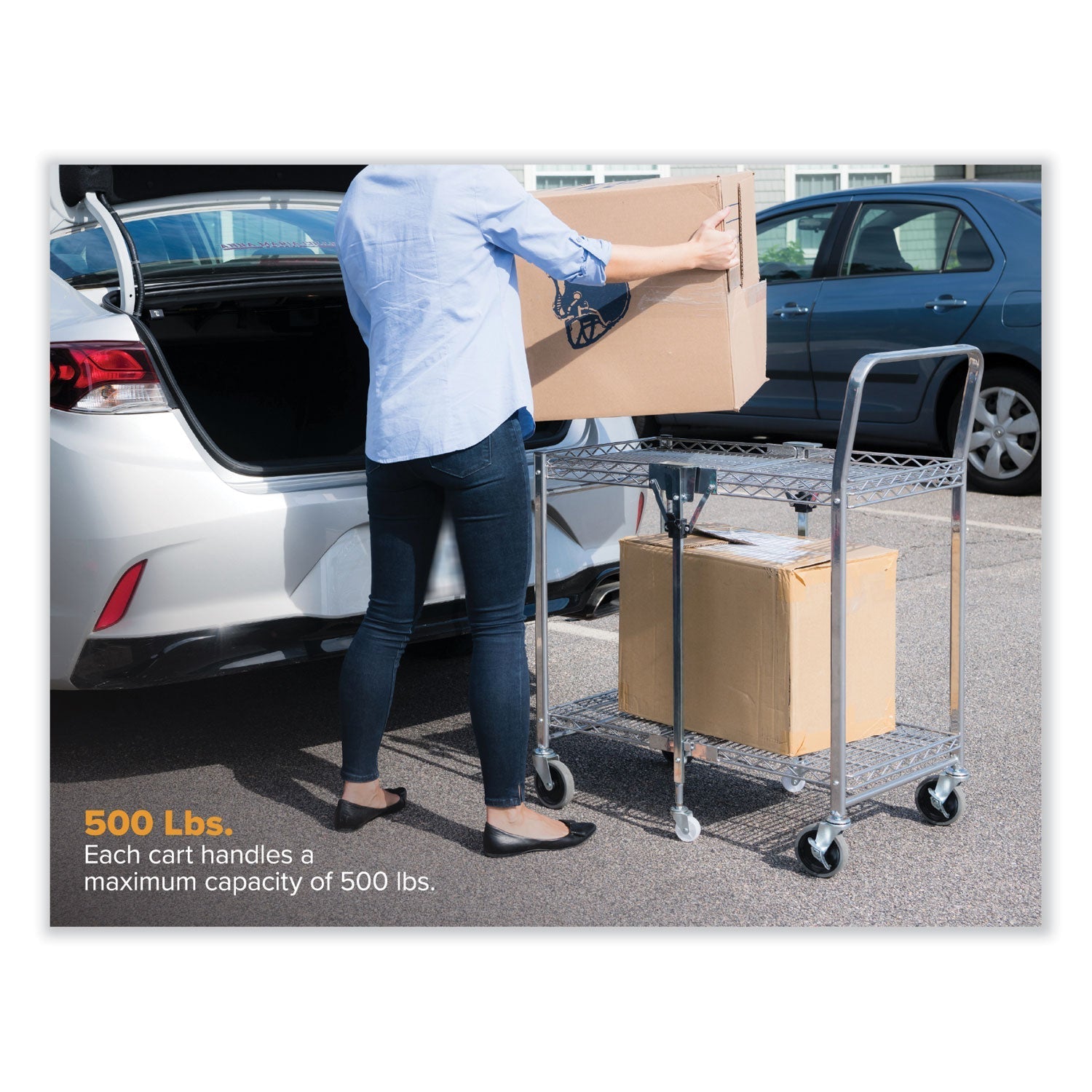 Bostitch® Stowaway™ Folding Carts, Metal, 2 Shelves, 250 lb Capacity, 35" x 37.25" x 22", Chrome