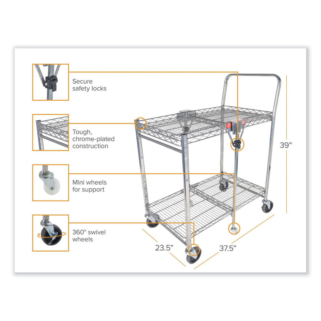Bostitch® Stowaway™ Folding Carts, Metal, 2 Shelves, 250 lb Capacity, 35" x 37.25" x 22", Chrome