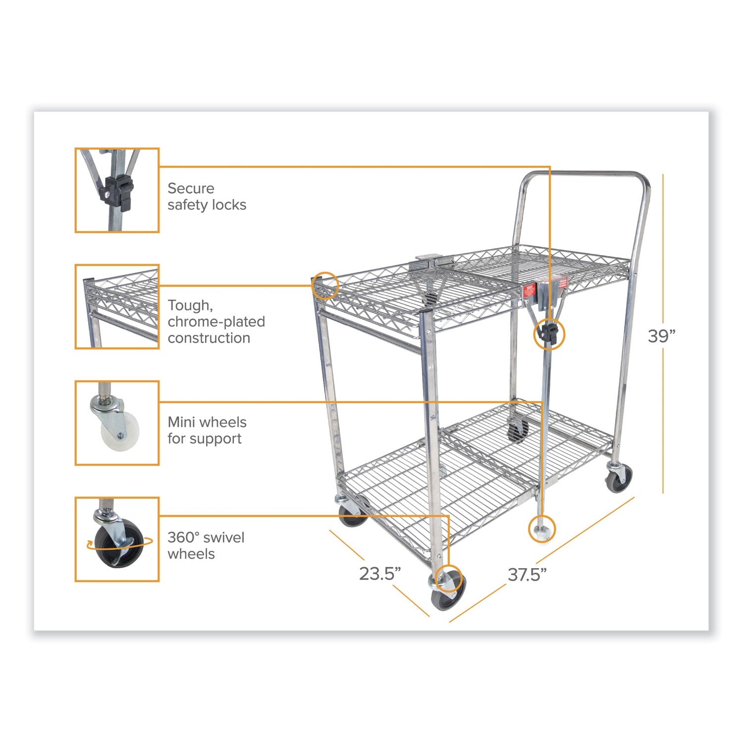 Bostitch® Stowaway™ Folding Carts, Metal, 2 Shelves, 250 lb Capacity, 35" x 37.25" x 22", Chrome